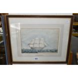 HMS SPARTIATE' A 19TH CENTURY WATERCOLOUR DEPICTING THE THIRD RATE SHIP OF THE LINE UNDER FULL SAIL,