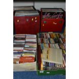 THREE CASES AND TWO BOXES CONTAINING LPs, CASSETTE TAPES AND CDs including Wham, Adele, Freddie