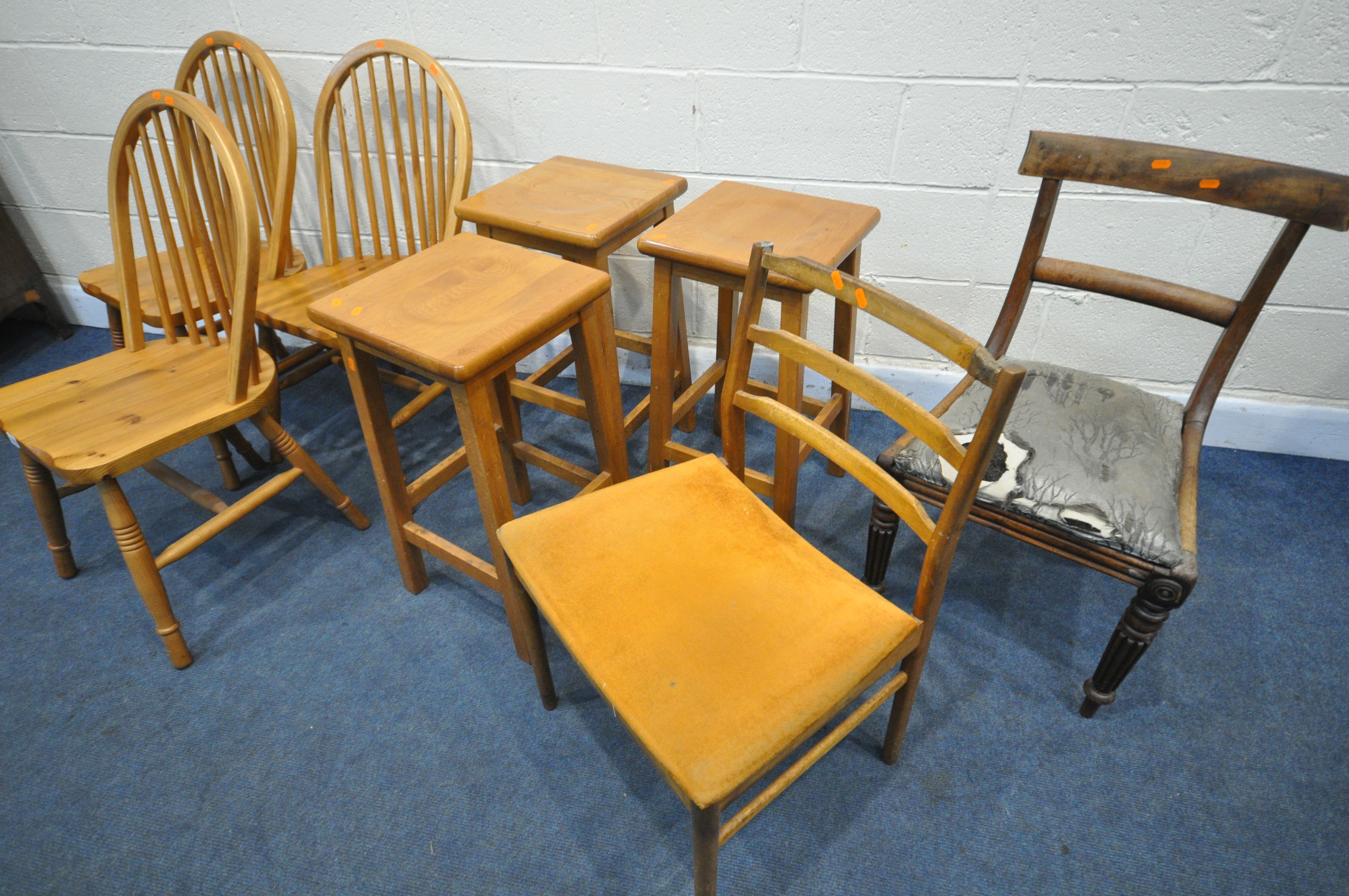 A SELECTION OF CHAIRS AND STOOLS, to include three pine hooped back chairs, three high stools, a - Image 2 of 4