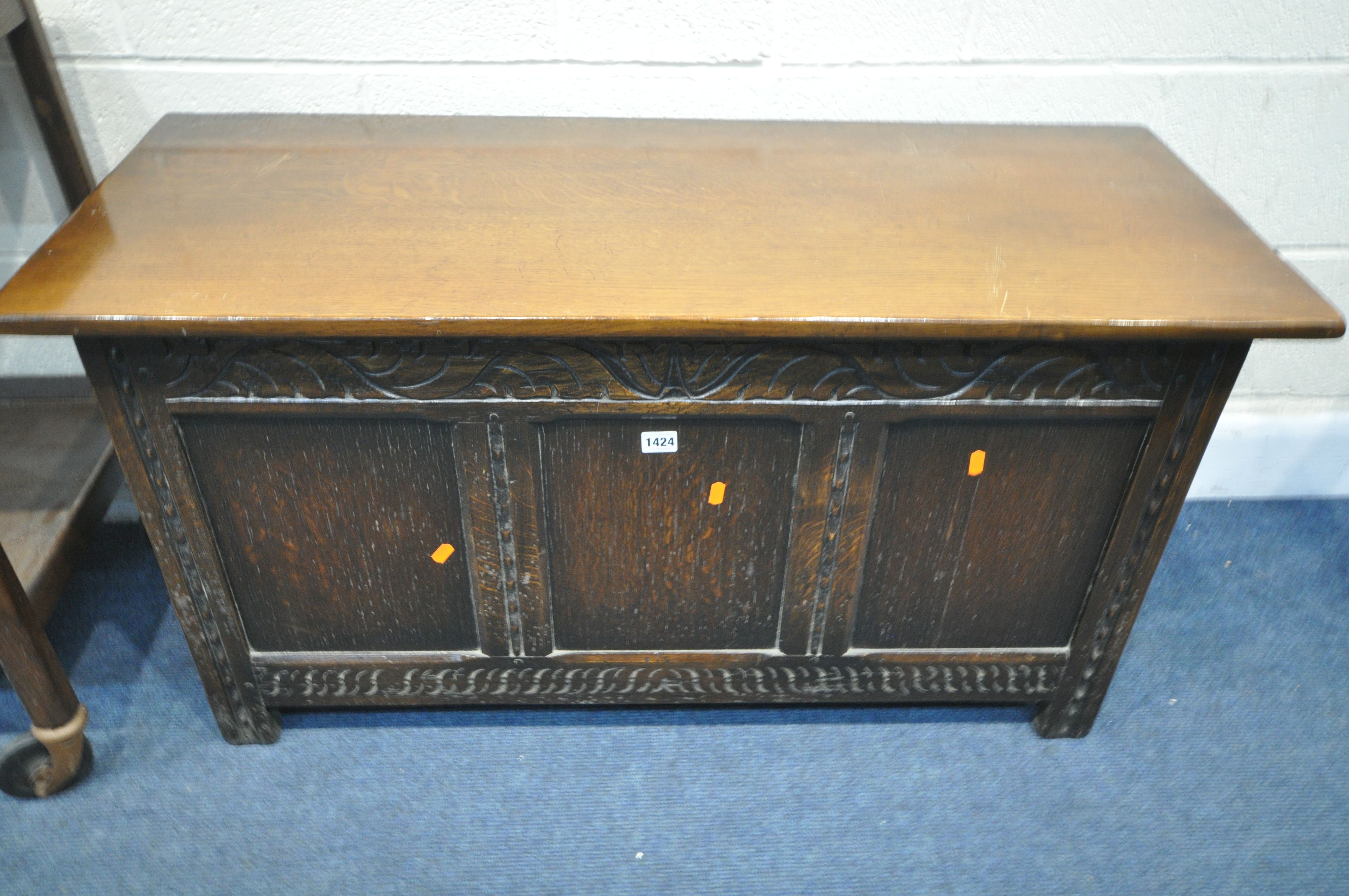 A OAK PANELLED BLANKET CHEST, width 107cm x depth 44cm x height 57cm, along with an oak tea trolley, - Image 2 of 2