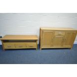 A OAK TV STAND WITH THREE DRAWERS, width 128cm x depth 46cm x height 50cm, along with a sideboard