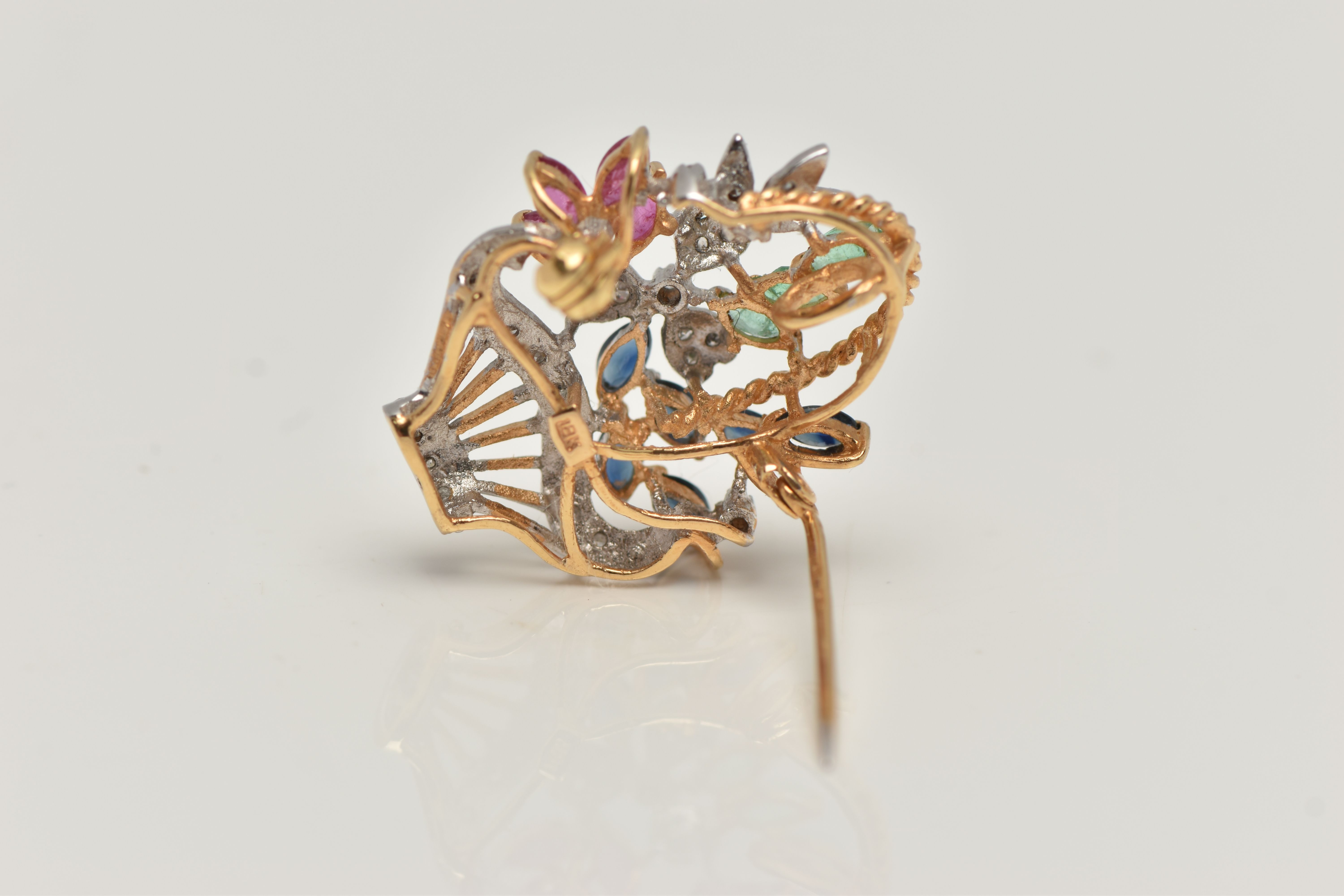 A GEM SET FLOWER BASKET BROOCH, yellow and white metal brooch set with four marquise cut rubies, - Image 4 of 4