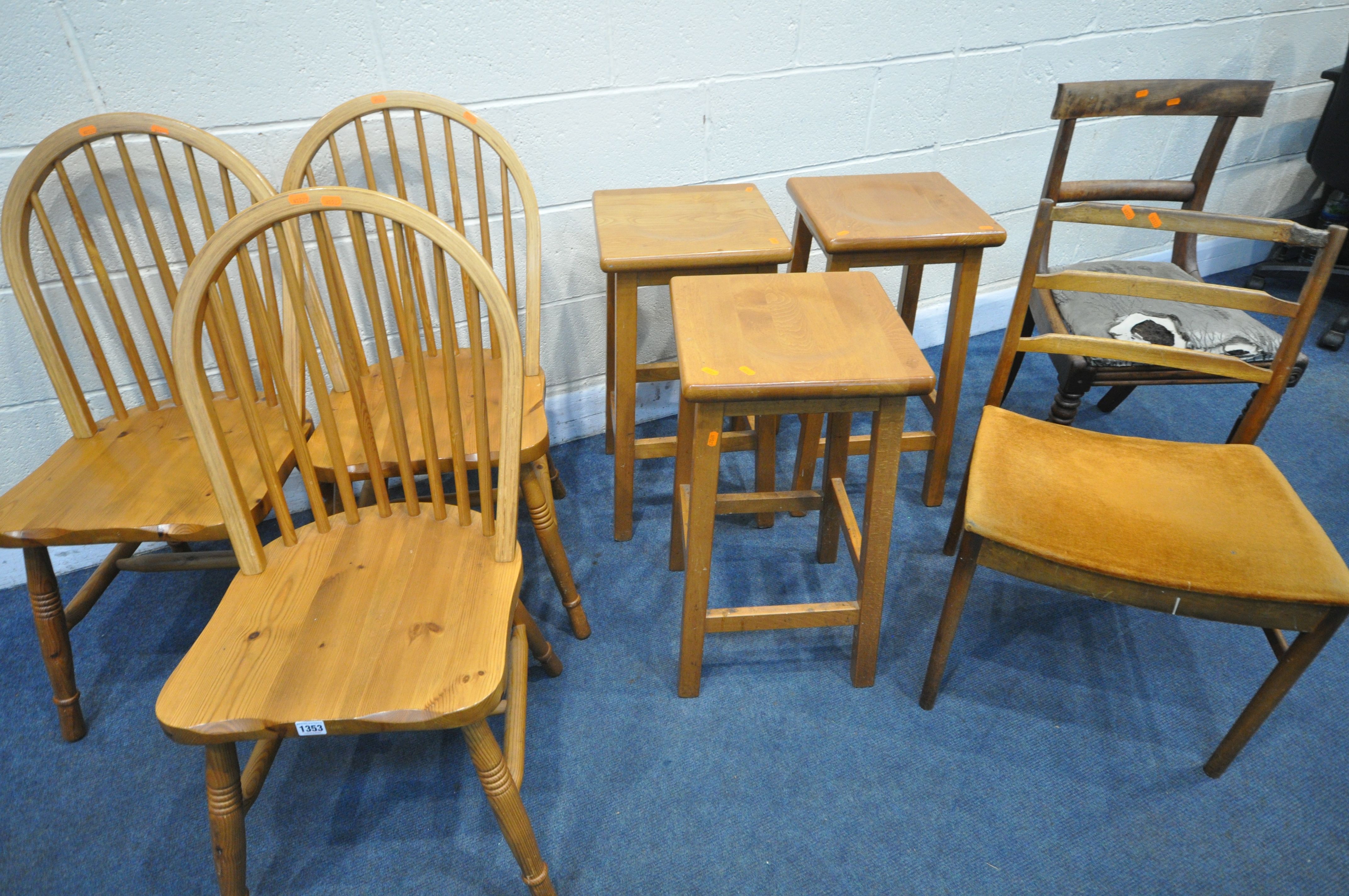 A SELECTION OF CHAIRS AND STOOLS, to include three pine hooped back chairs, three high stools, a - Image 4 of 4