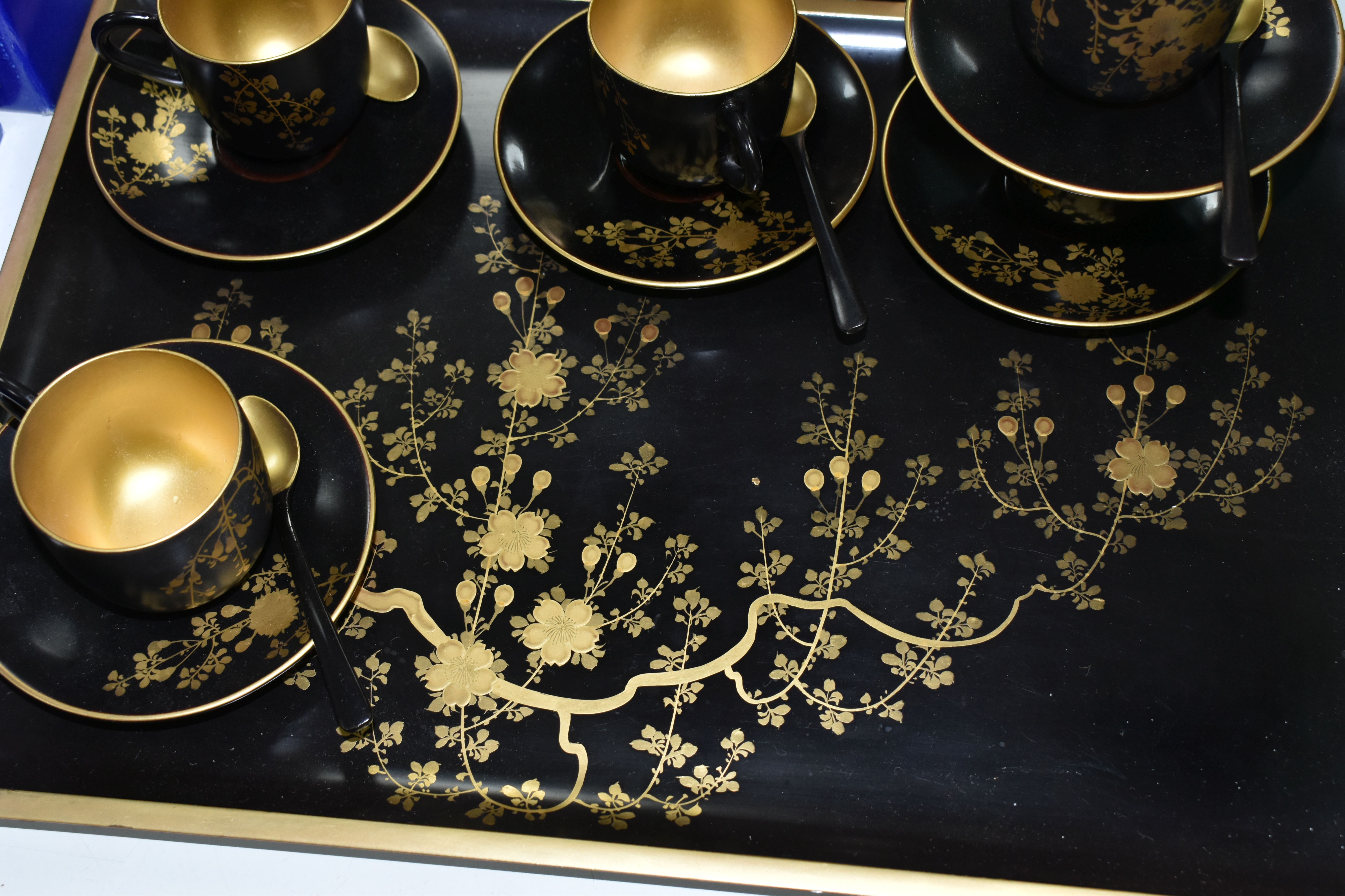 A CHINESE LACQUER WARE TEASET, comprising of a tray, six cups, saucers and spoons, teapot, milk - Image 4 of 8