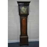 A GEORGIAN OAK AND MAHOGANY CROSSBANDED 30 HOUR LONG CASE CLOCK, the box hood with cylindrical