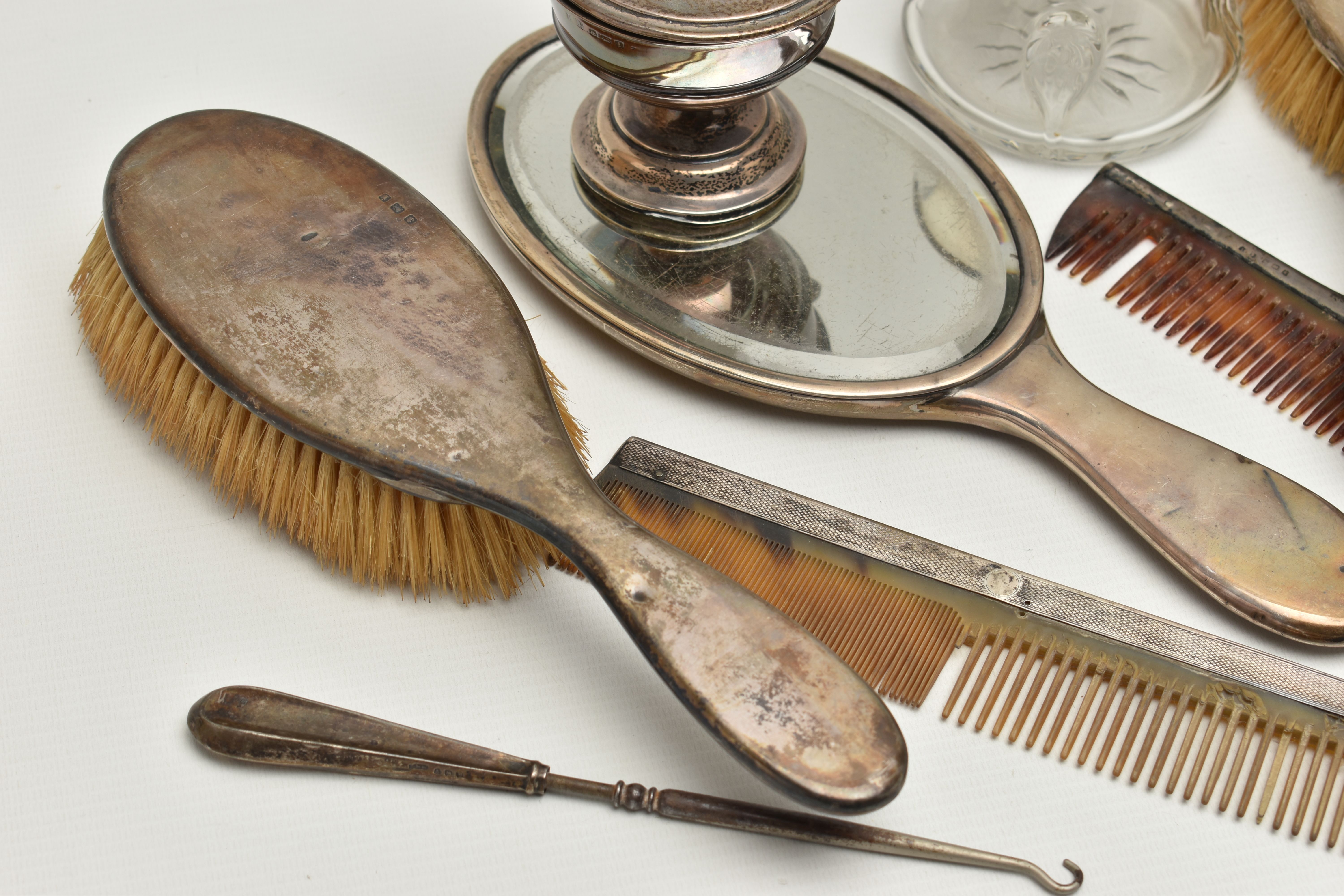 A SELECTION OF SILVER VANITY ITEMS, to include a four piece, polished silver dressing table set, - Image 4 of 6