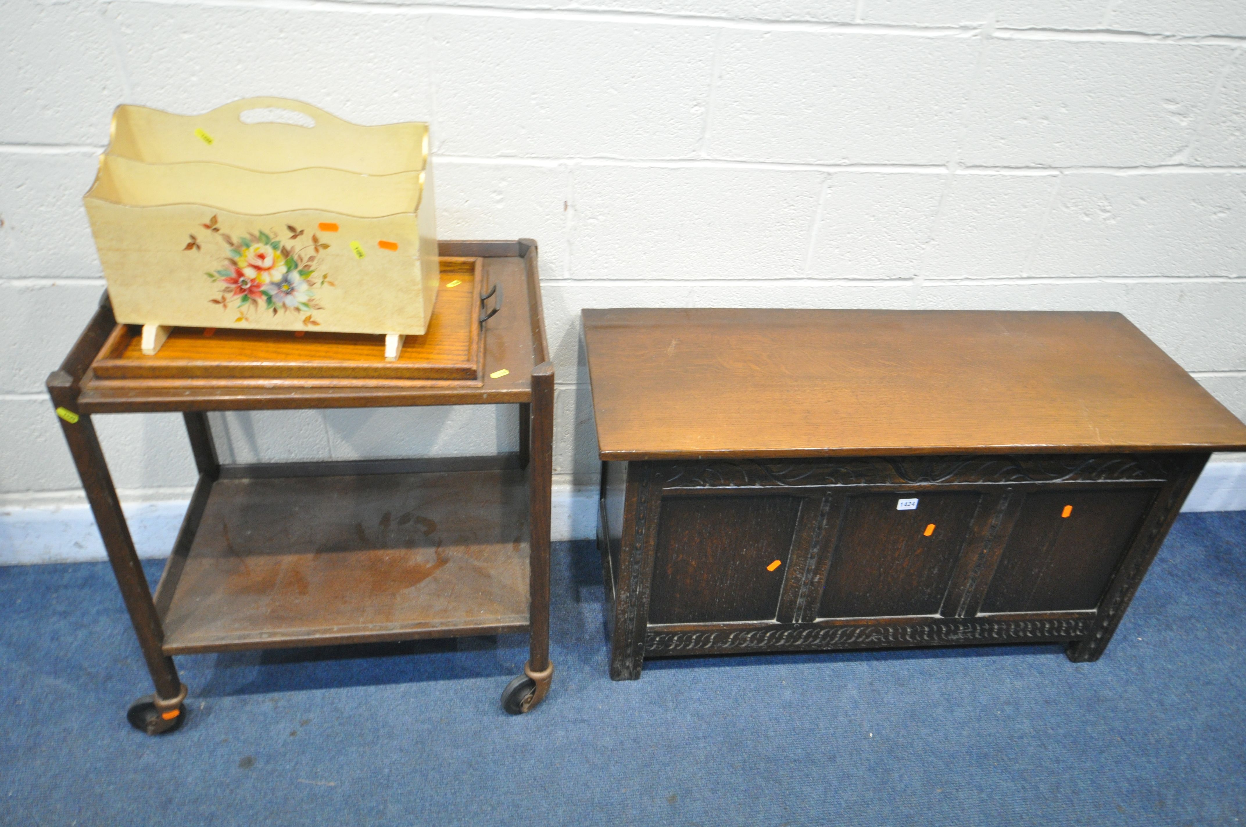 A OAK PANELLED BLANKET CHEST, width 107cm x depth 44cm x height 57cm, along with an oak tea trolley,