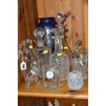 A GROUP OF CUT CRYSTAL AND A ROYAL BRIERLY STUDIO GLASS VASE, iridescent blue, height 30cm, a
