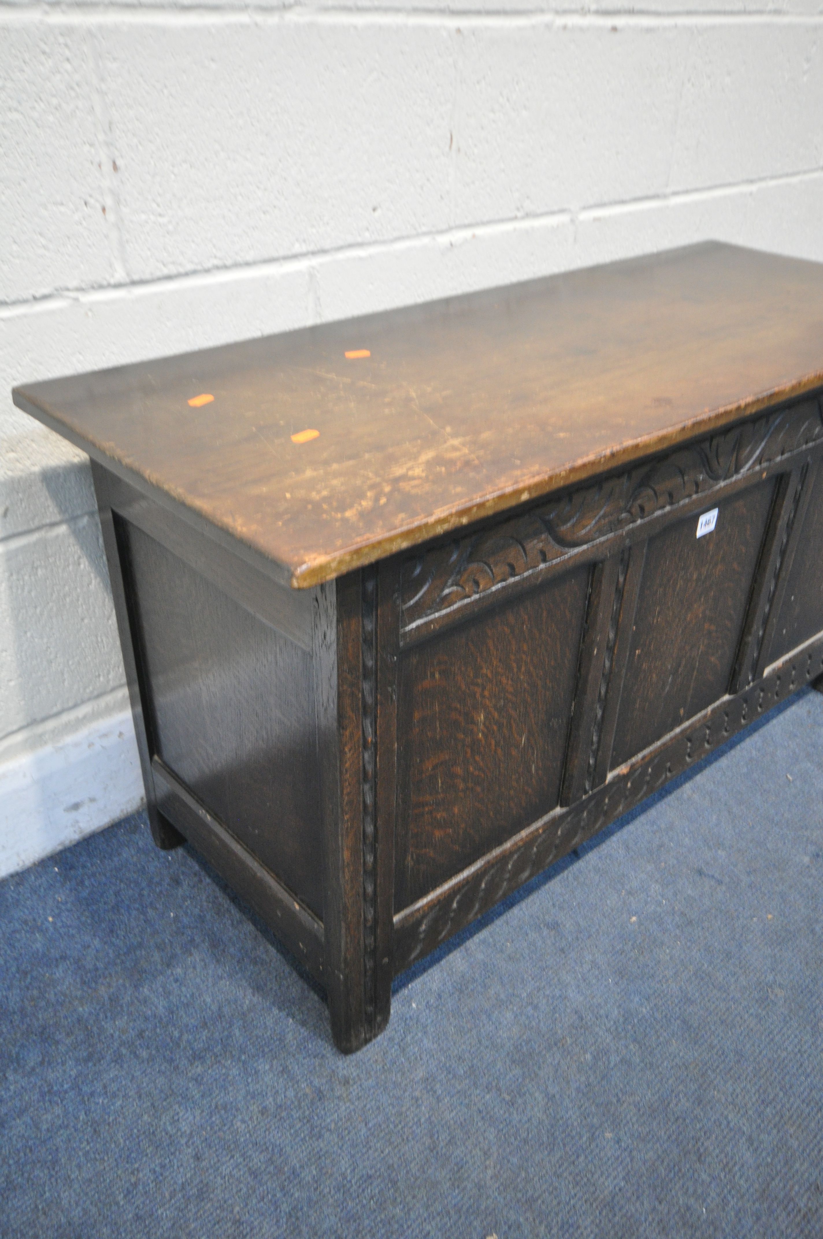 AN OAK PANELLED BLANKET CHEST, width 107cm x depth 43cm x height 57cm (condition:-bottom board - Image 2 of 2