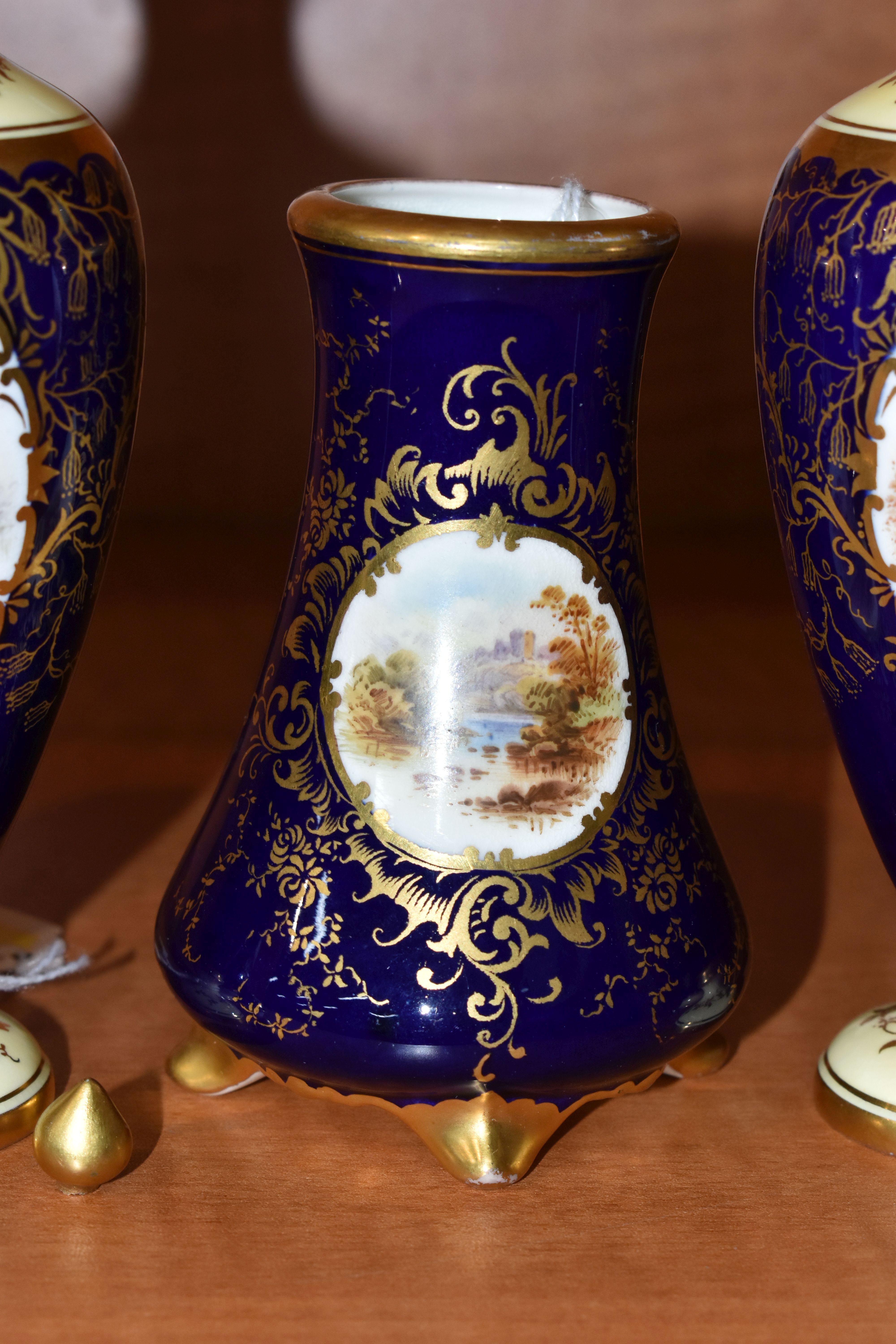 FIVE EARLY 20TH CENTURY COALPORT VASES, all blue and gilt ground, four with pale lemon borders, - Image 4 of 13