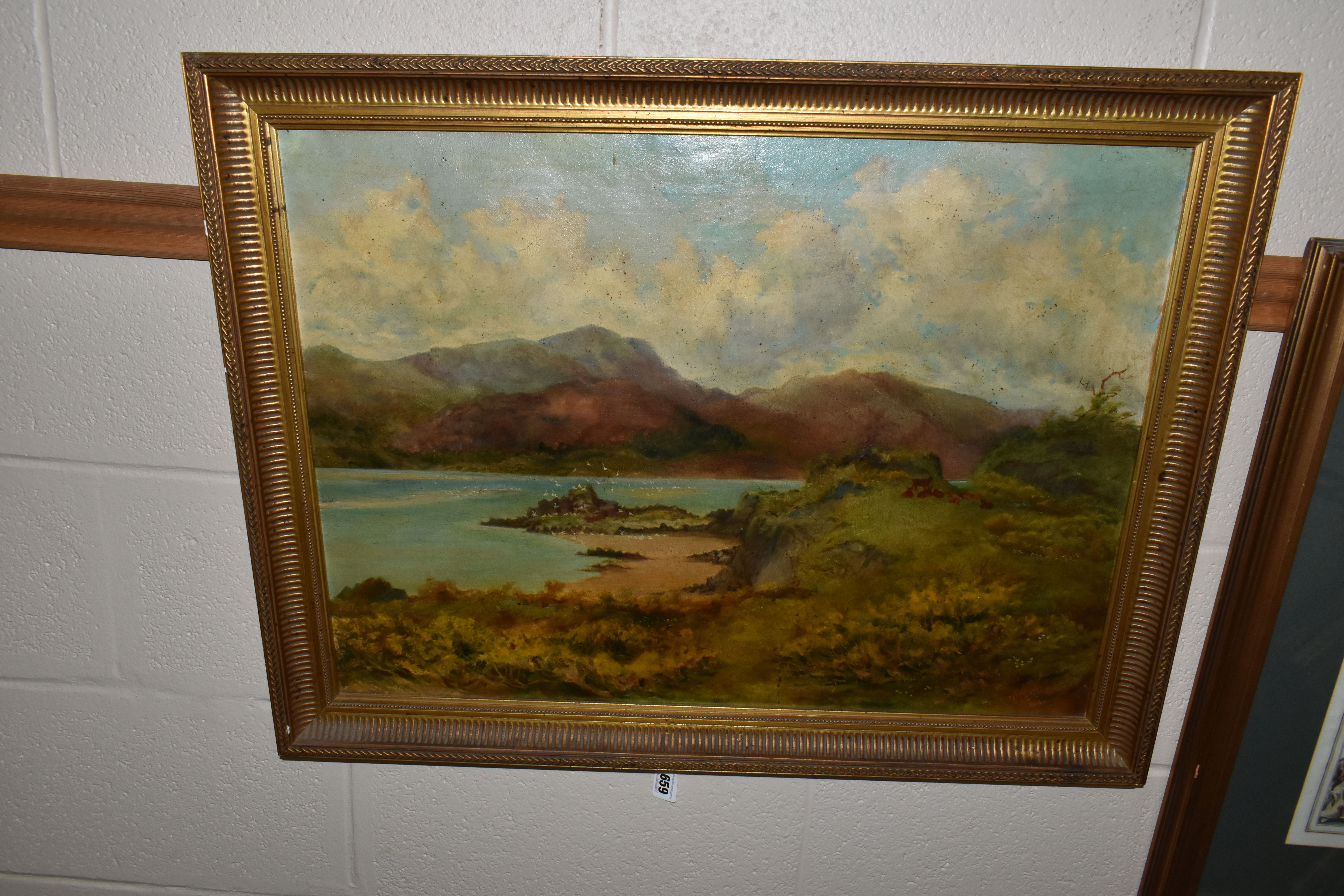 OIL PAINTINGS, PRINT AND MAP, comprising W. Petch water landscape with grazing cattle and birds,