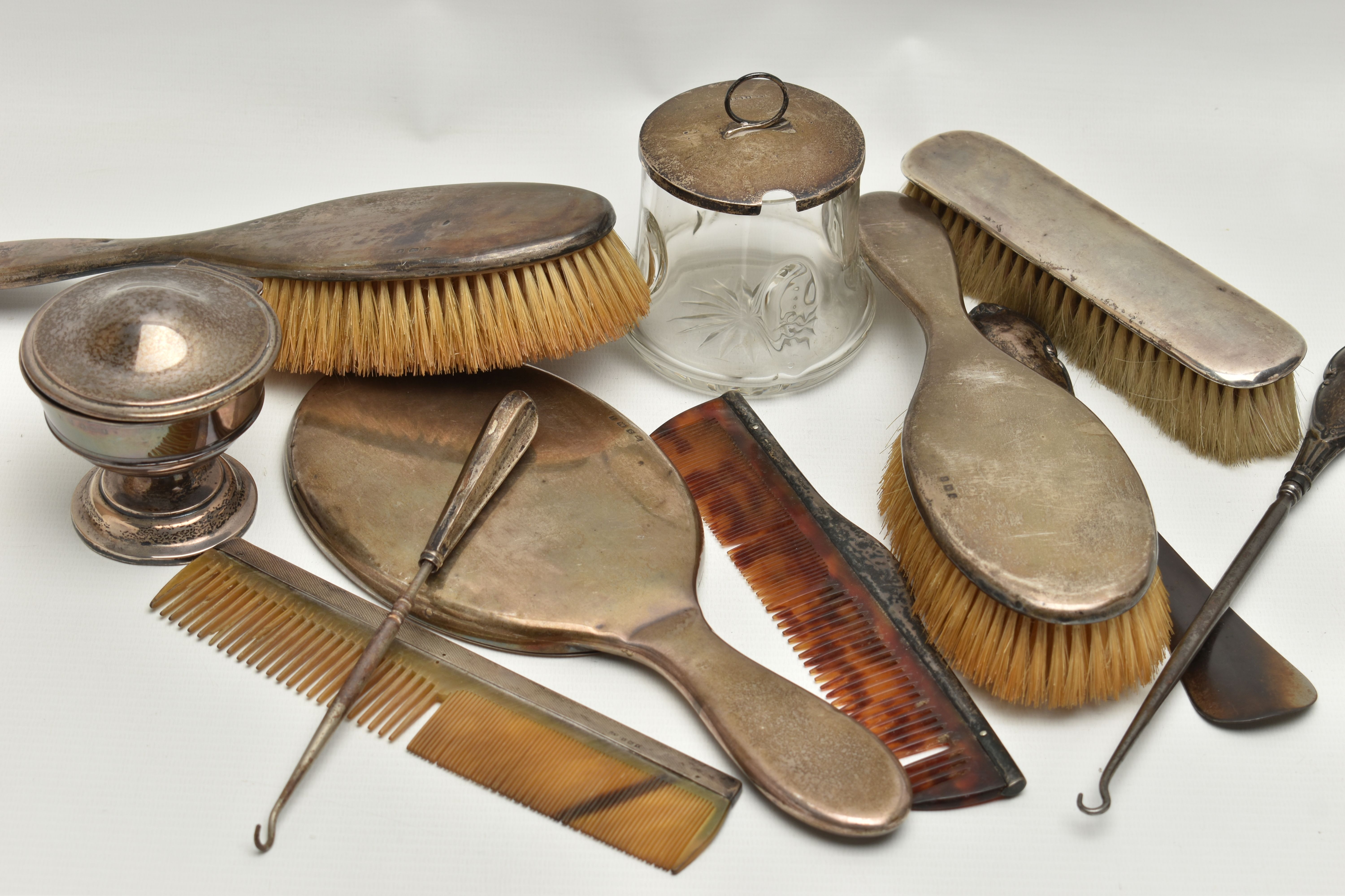 A SELECTION OF SILVER VANITY ITEMS, to include a four piece, polished silver dressing table set, - Image 5 of 6