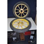 A PAIR OF STEEL WHEELS with 10 spokes to each, hub recess 156mm, rim diameter 18in, tyres fitted