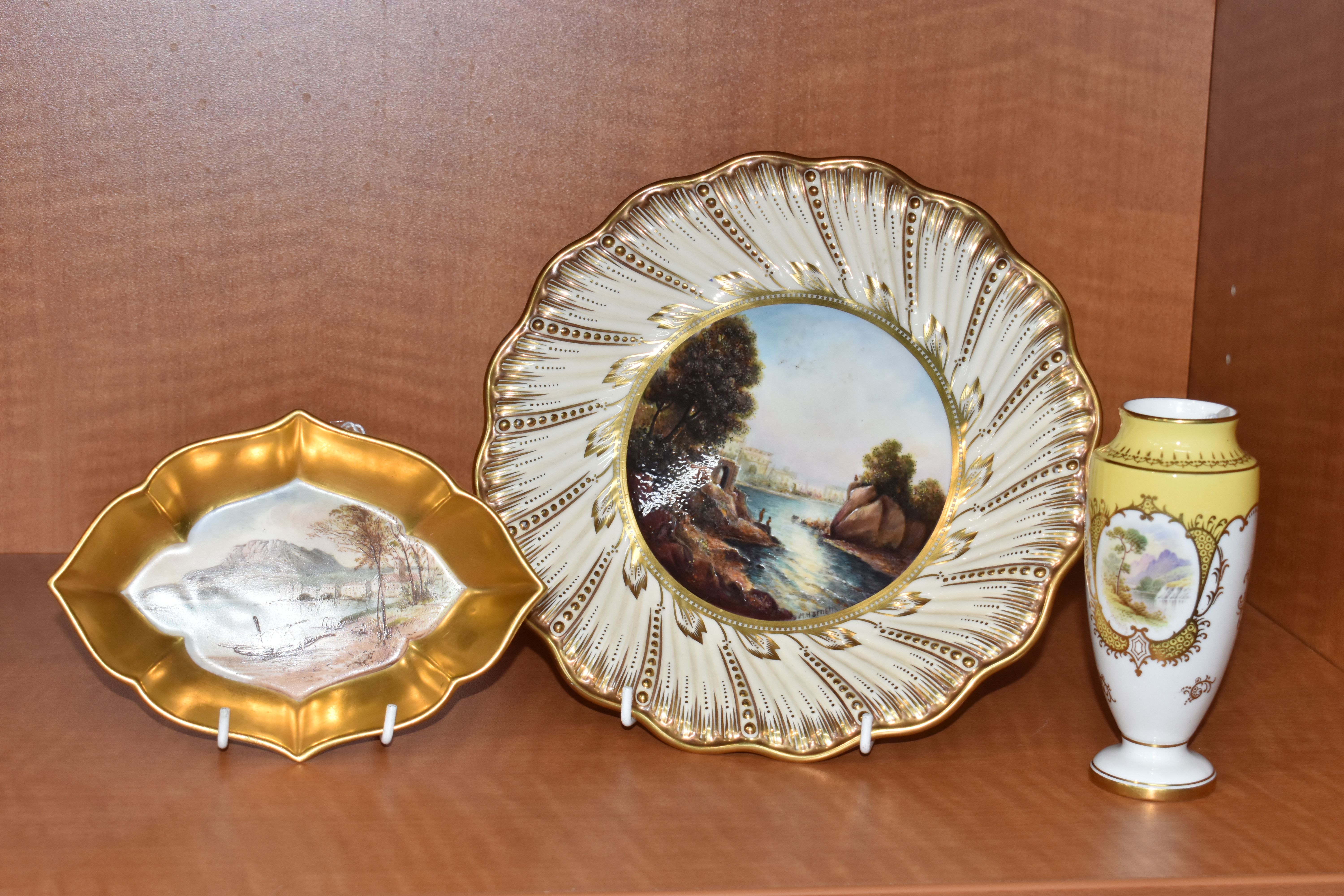 THREE PIECES OF LATE 19TH / 20TH CENTURY COALPORT, comprising a modern platter with shell moulded