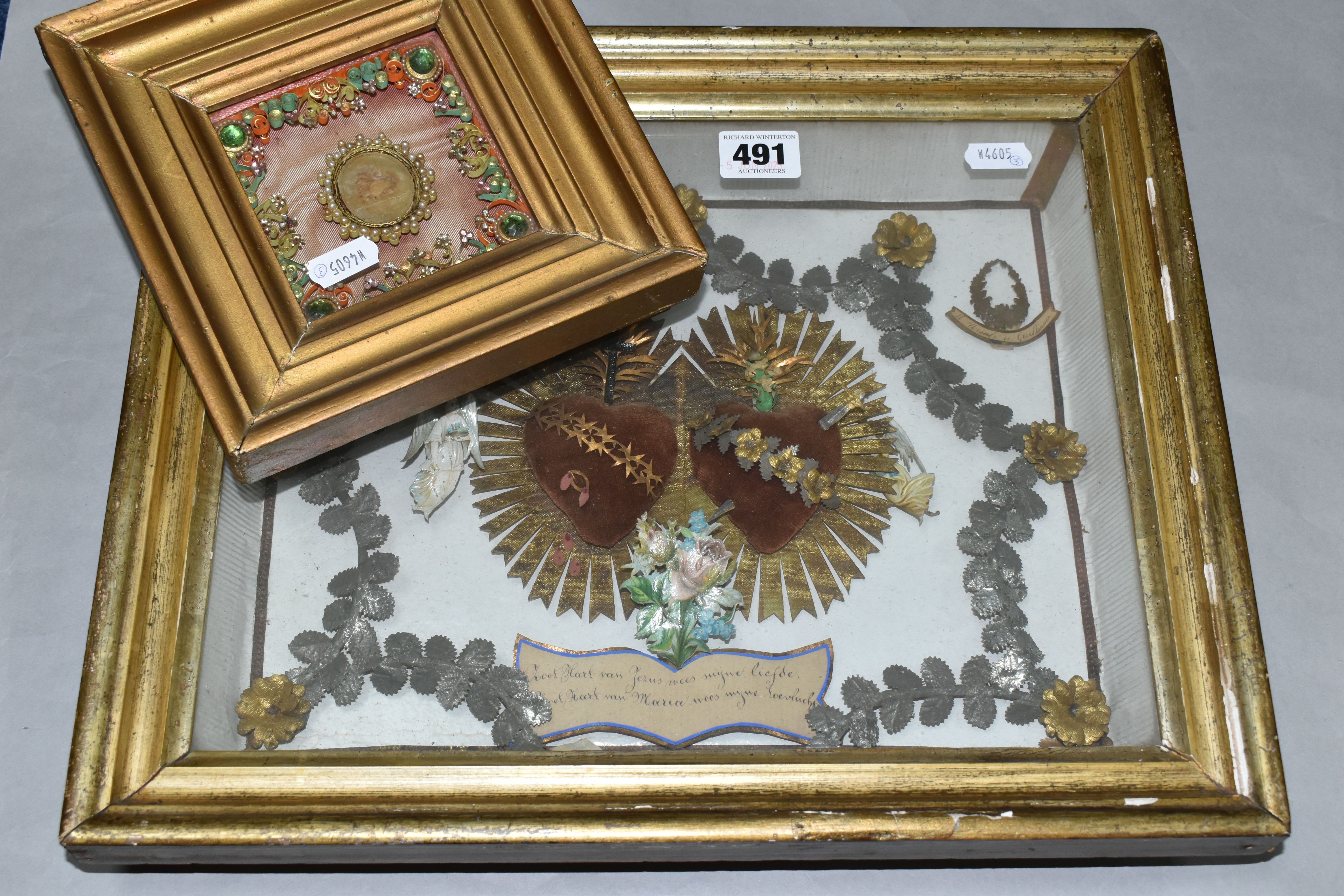 TWO FRAMED VICTORIAN RELIQUARY STYLE PICTURES, comprising a small gilt frame, containing a border of - Image 8 of 8