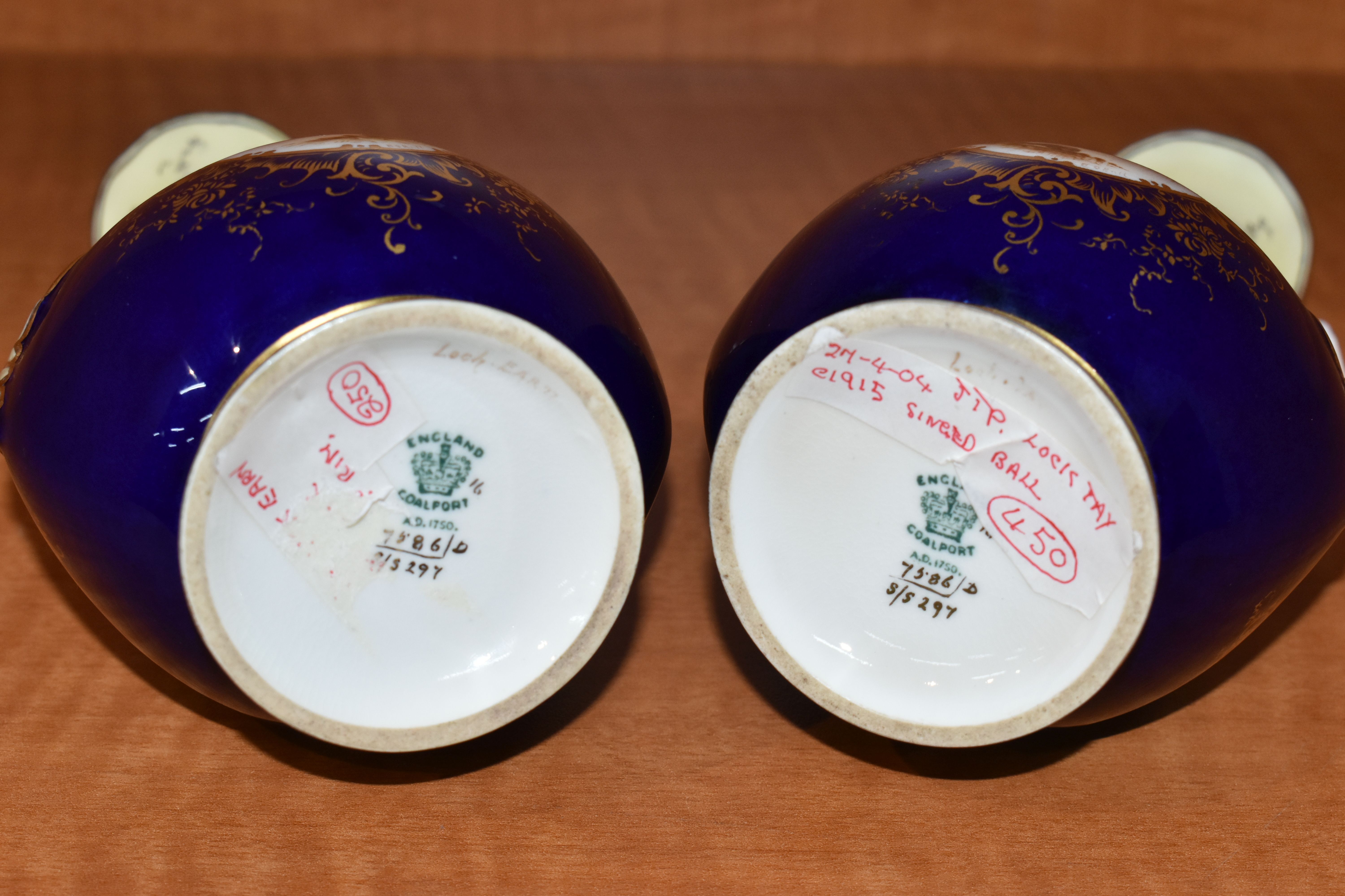 A PAIR OF EARLY 20TH CENTURY COALPORT BALUSTER VASES, blue, pale yellow and gilt ground, each hand - Image 8 of 8