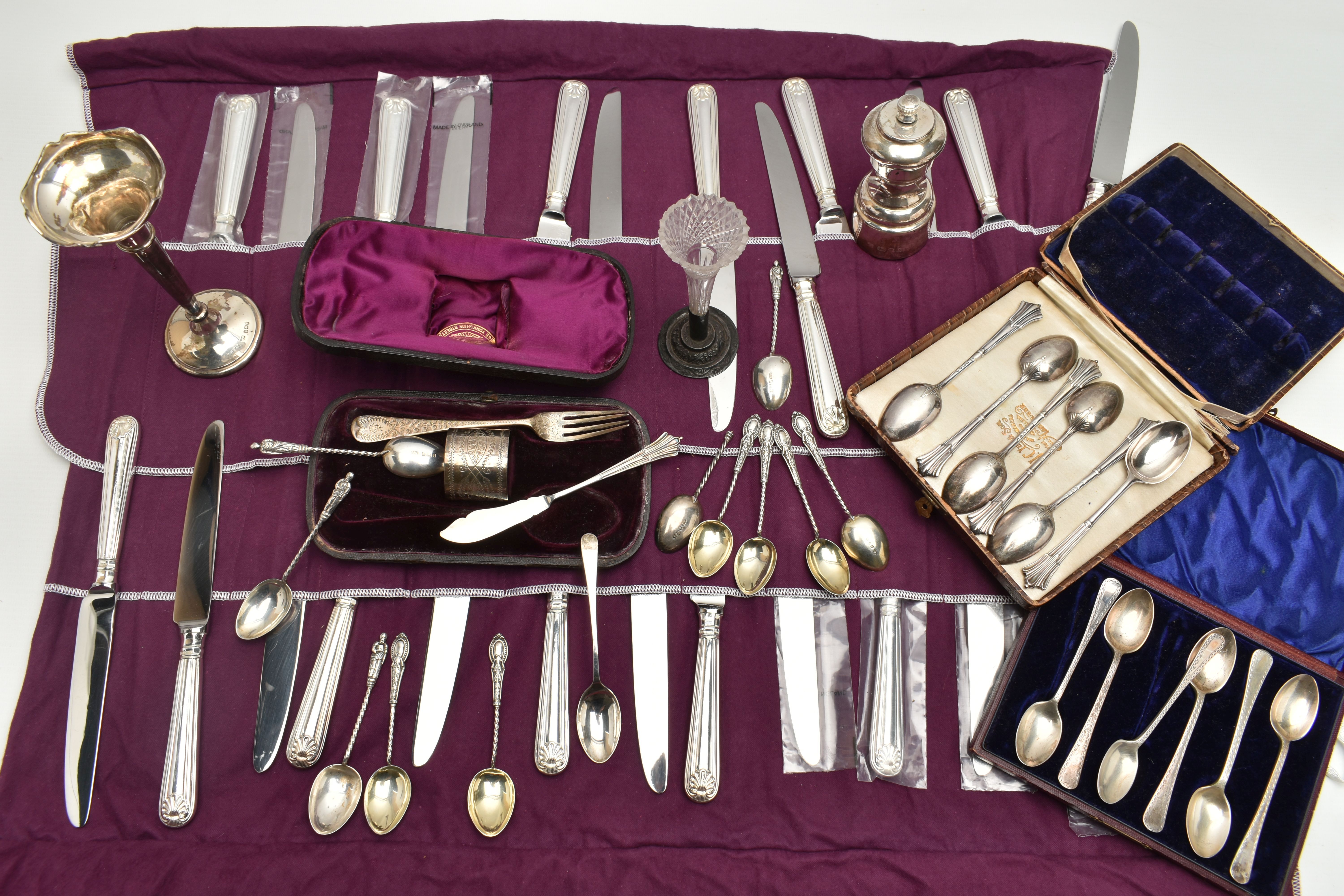 A SELECTION OF SILVER ITEMS, to include a cased set of six silver teaspoons, hallmarked Sheffield, a