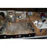 THREE BOXES OF CERAMICS AND GLASSWARE, to include china tea sets, drinking glasses, an Austrian