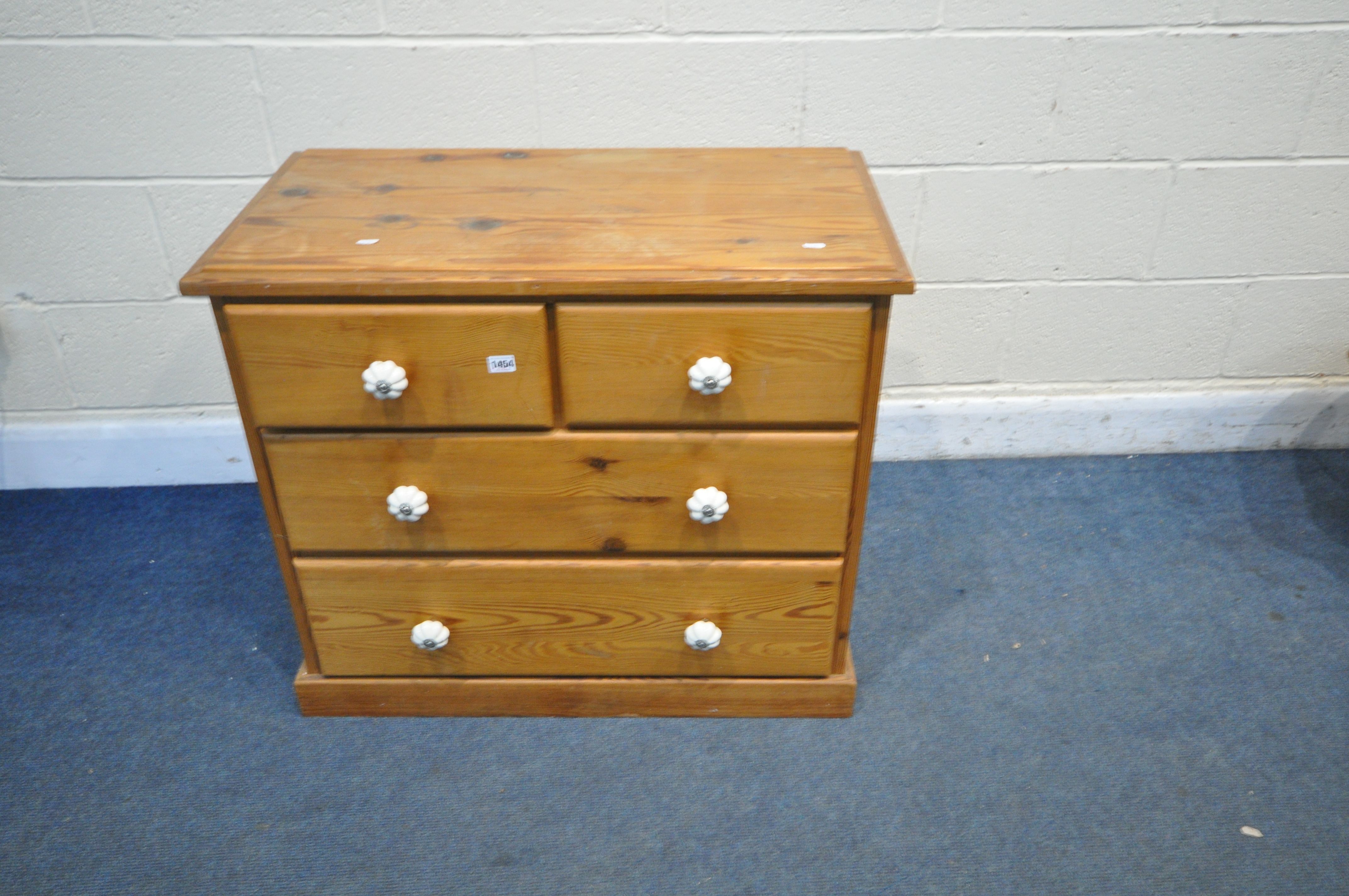 A PITCH PINE CHEST OF TWO SHORT OVER TWO LONG DRAWERS, width 86cm x depth 45cm x height 74cm (