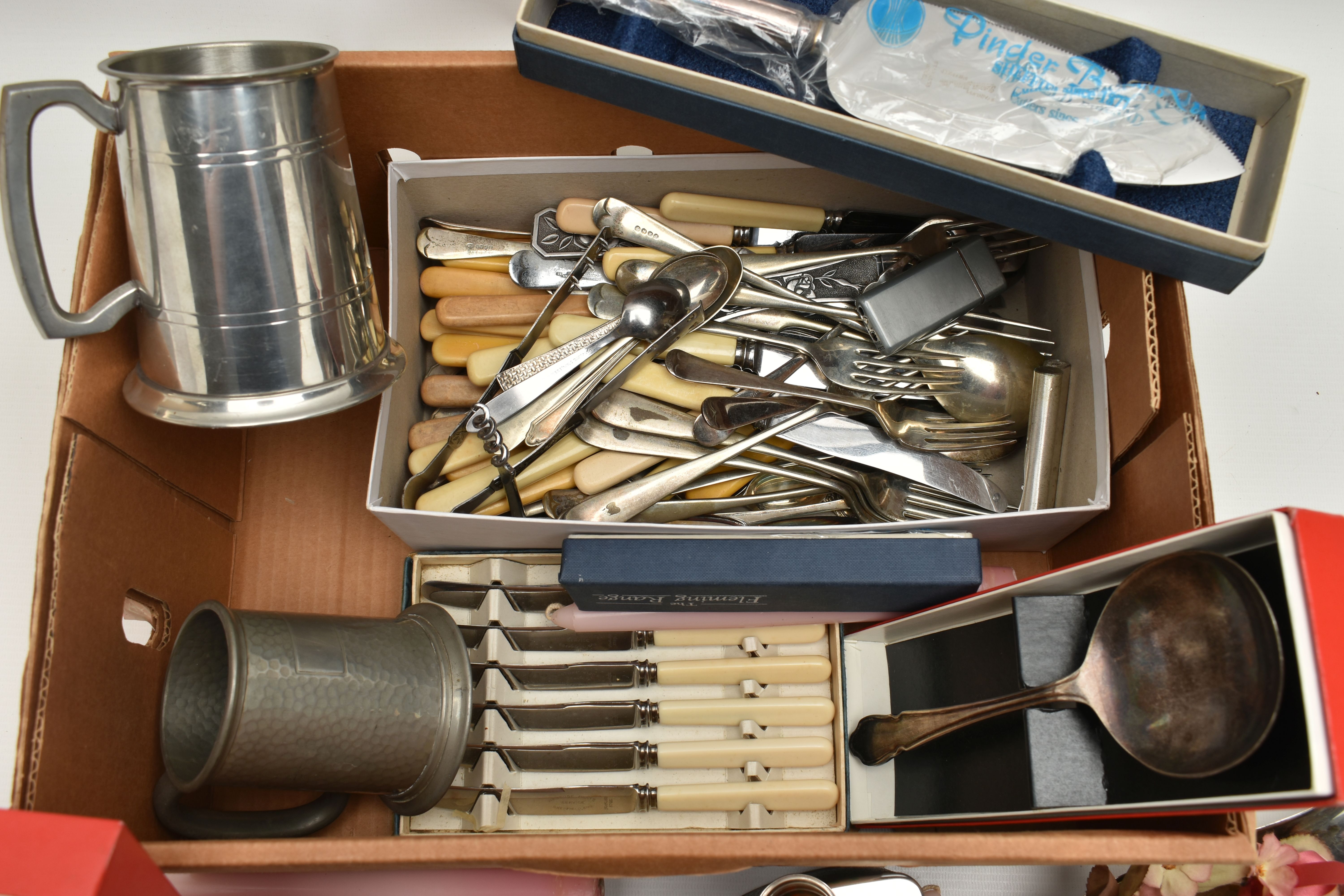 A BOX OF ASSORTED ITEMS, to include two pewter tankards, an ENPS oval dish, an Alpha plate three - Image 3 of 3