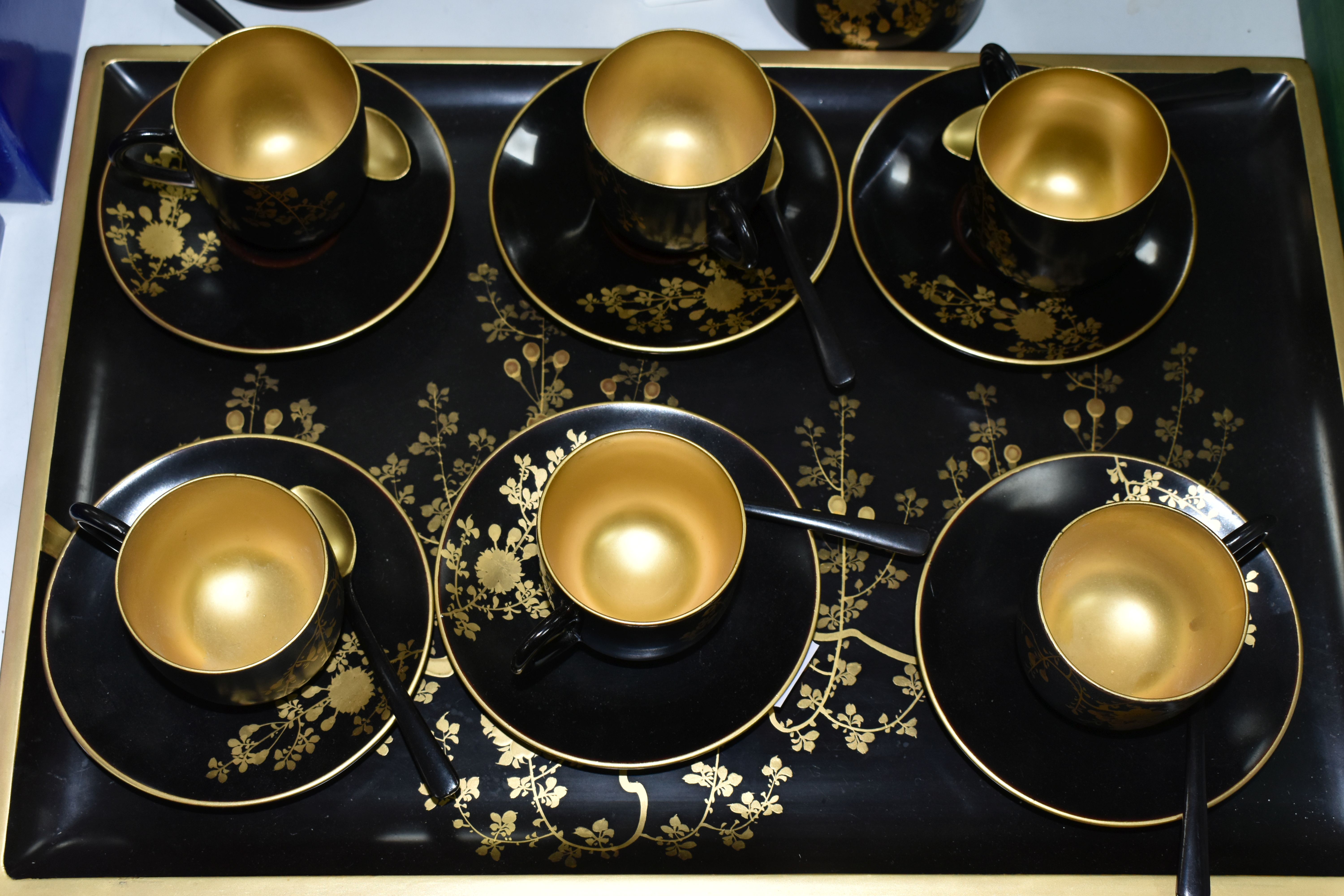 A CHINESE LACQUER WARE TEASET, comprising of a tray, six cups, saucers and spoons, teapot, milk - Image 3 of 8