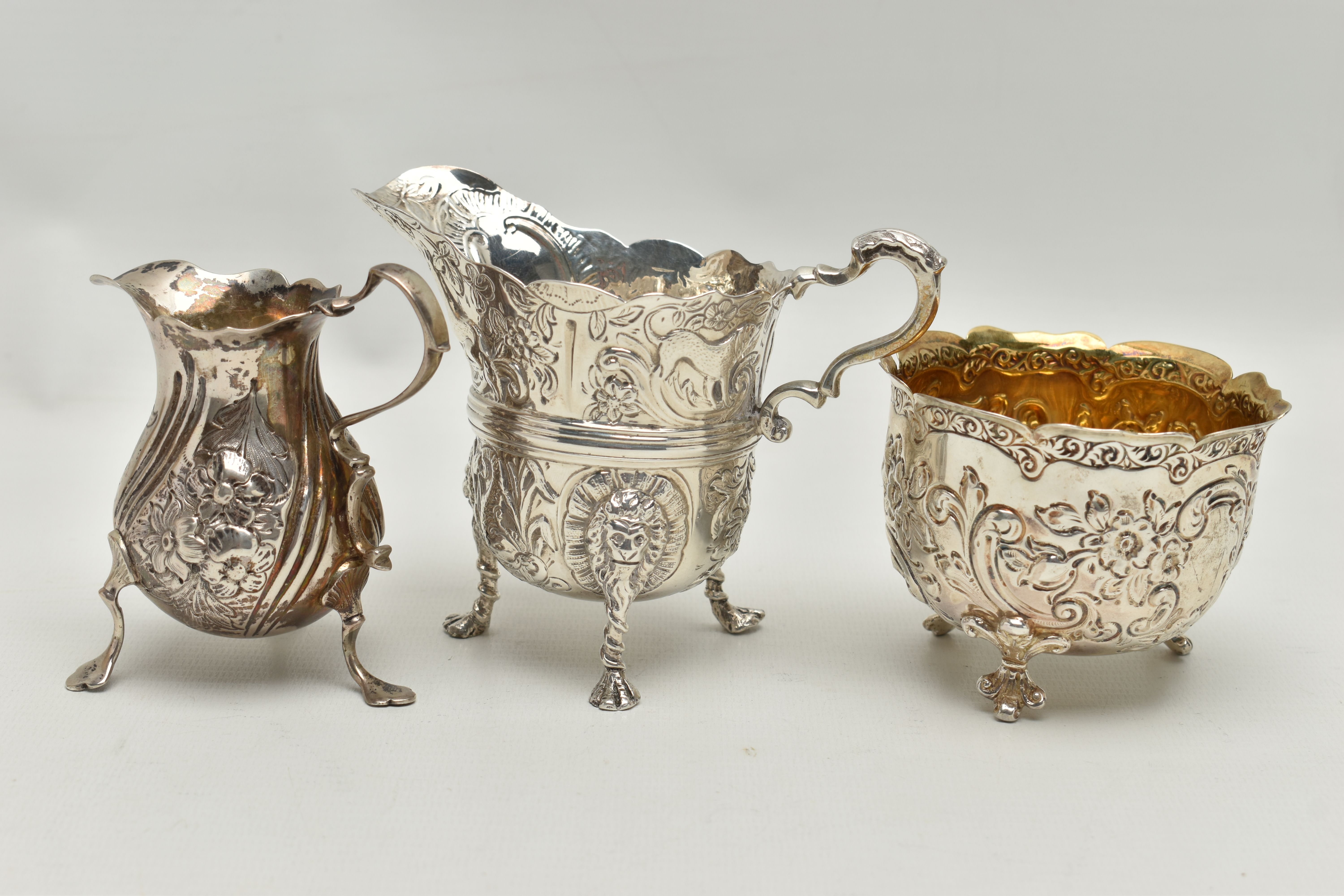THREE PIECES OF SILVER, to include a George II creamer, embossed floral pattern with engraved - Image 3 of 7