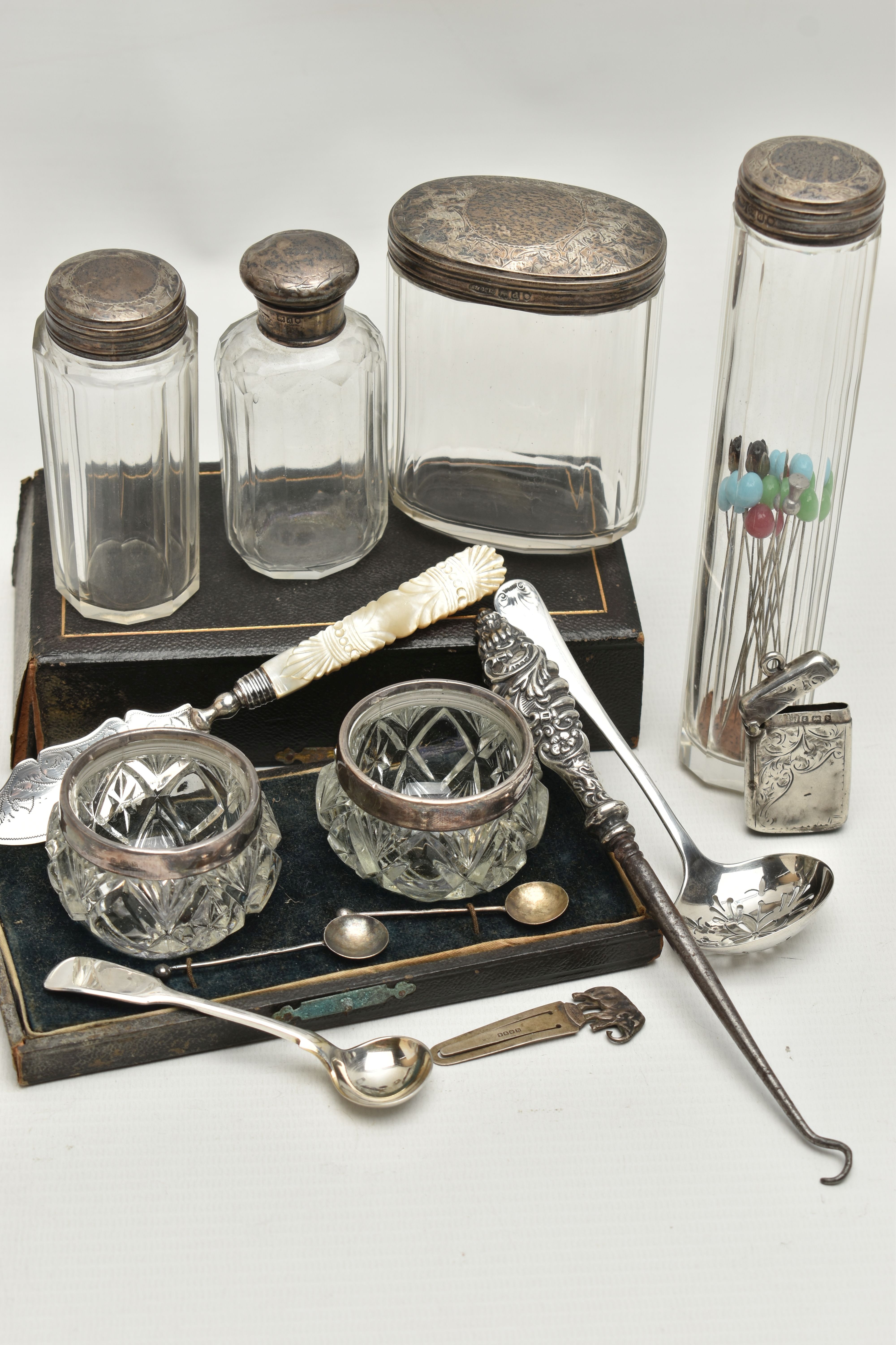 A BOX OF ASSORTED ITEMS, to include a boxed salt set, containing two glass salts with silver rims