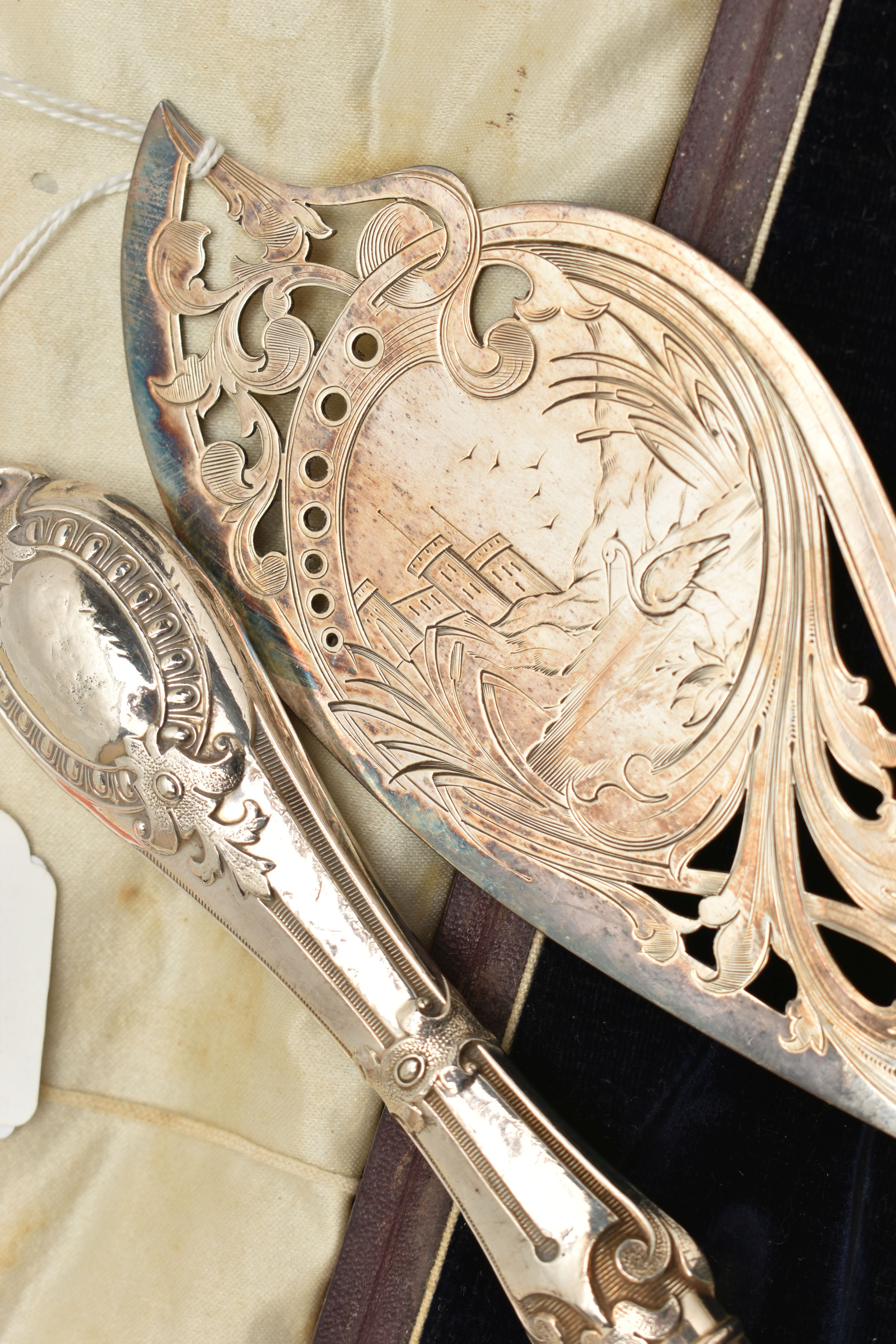 A CASED MID VICTORIAN SILVER FISH SERVER SET, comprising of knife and fork server, open work foliage - Image 5 of 5