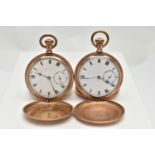 TWO GOLD PLATED FULL HUNTER POCKET WATCHES, the first a hand wound movement, round white dial, Roman