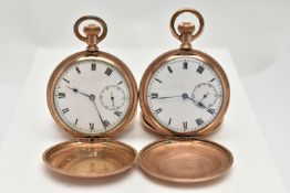 TWO GOLD PLATED FULL HUNTER POCKET WATCHES, the first a hand wound movement, round white dial, Roman