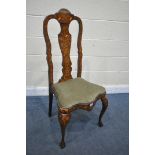 A 19TH CENTURY DUTCH WALNUT AND MARQUETRY INLAID CHAIR, with a central splat back, wavy front,