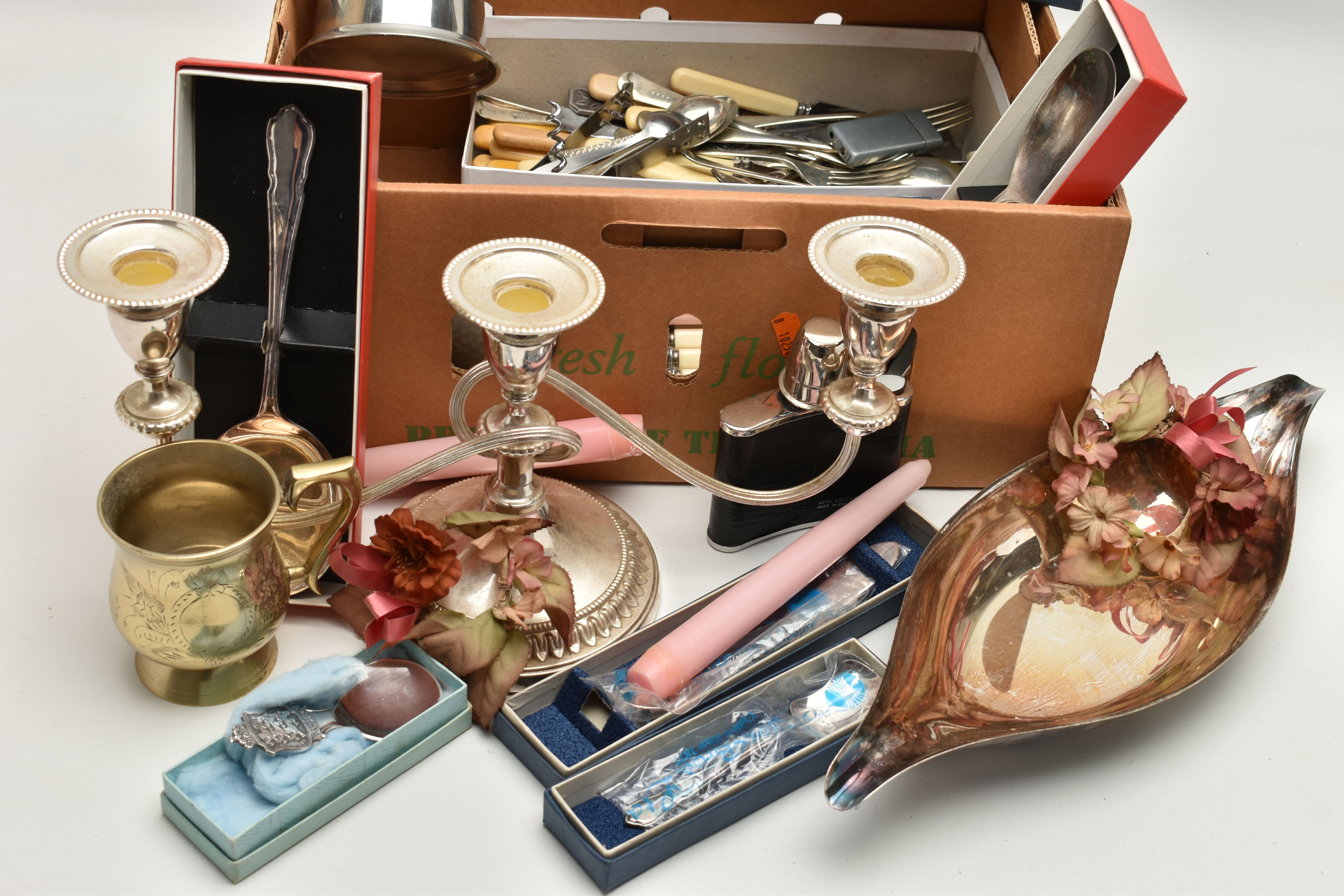 A BOX OF ASSORTED ITEMS, to include two pewter tankards, an ENPS oval dish, an Alpha plate three