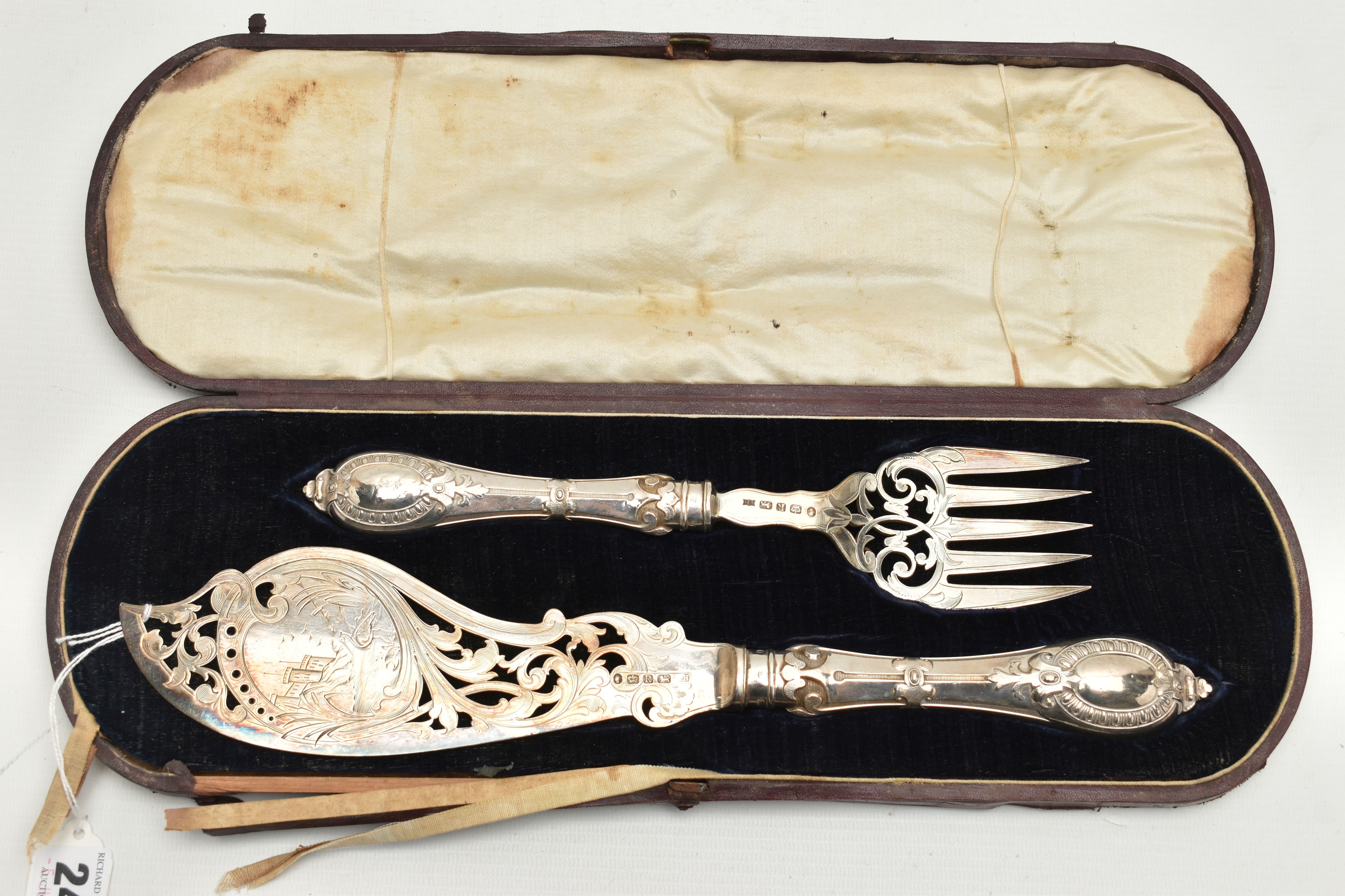 A CASED MID VICTORIAN SILVER FISH SERVER SET, comprising of knife and fork server, open work foliage