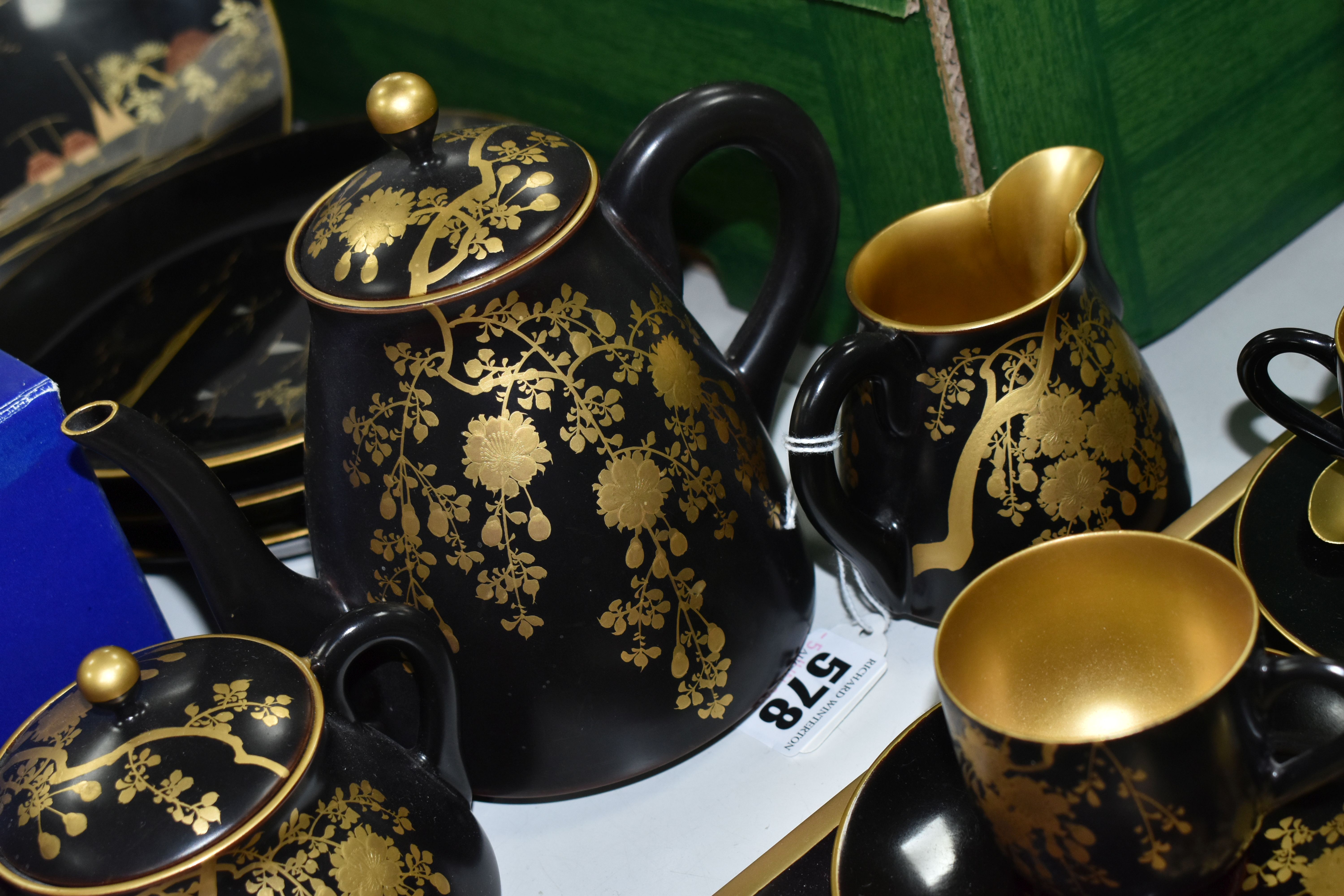 A CHINESE LACQUER WARE TEASET, comprising of a tray, six cups, saucers and spoons, teapot, milk - Image 8 of 8