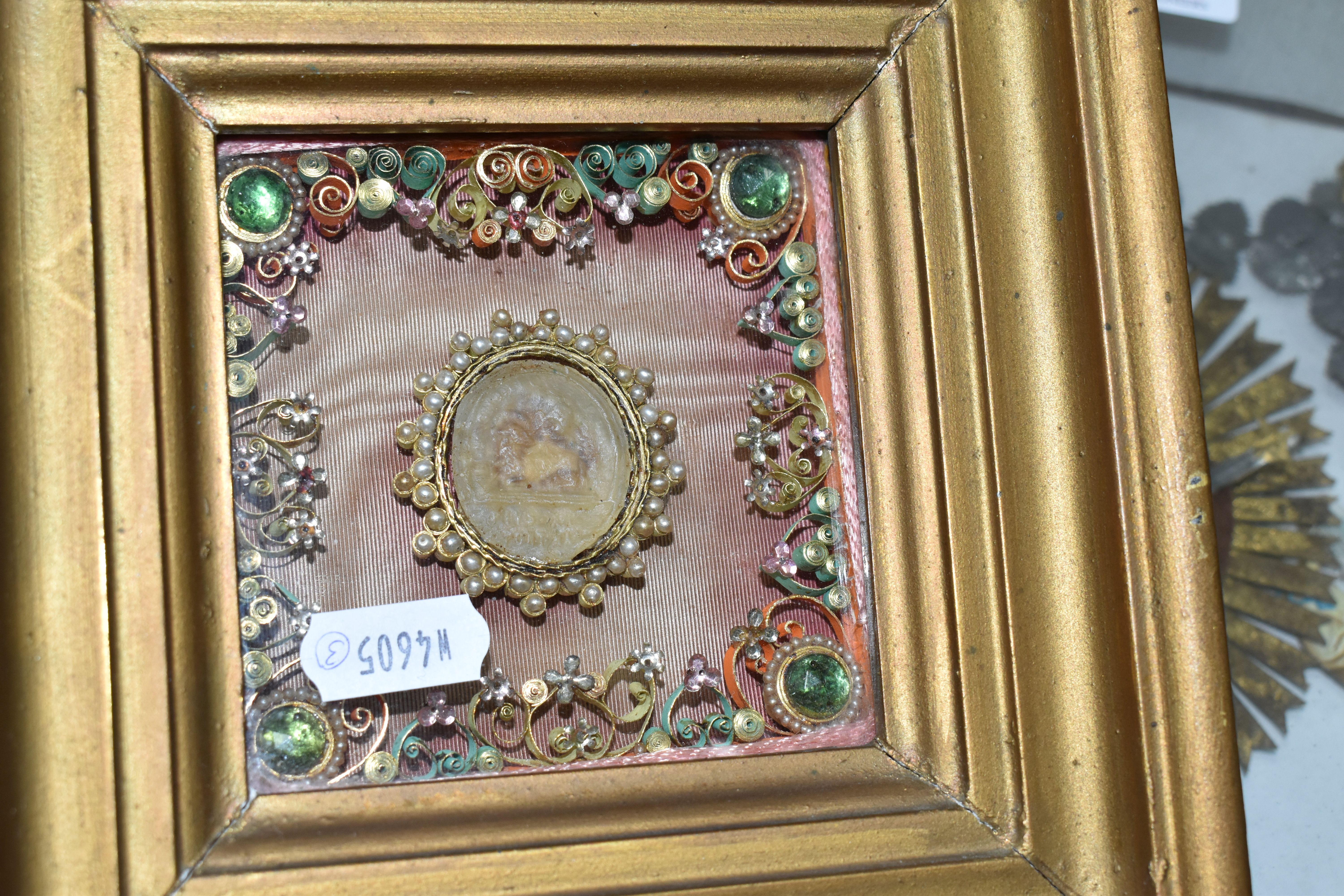 TWO FRAMED VICTORIAN RELIQUARY STYLE PICTURES, comprising a small gilt frame, containing a border of - Image 2 of 8