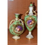 TWO EARLY 20TH CENTURY COALPORT TWIN HANDLED VASES PAINTED WITH FRUIT SIGNED BY F H CHIVERS, both