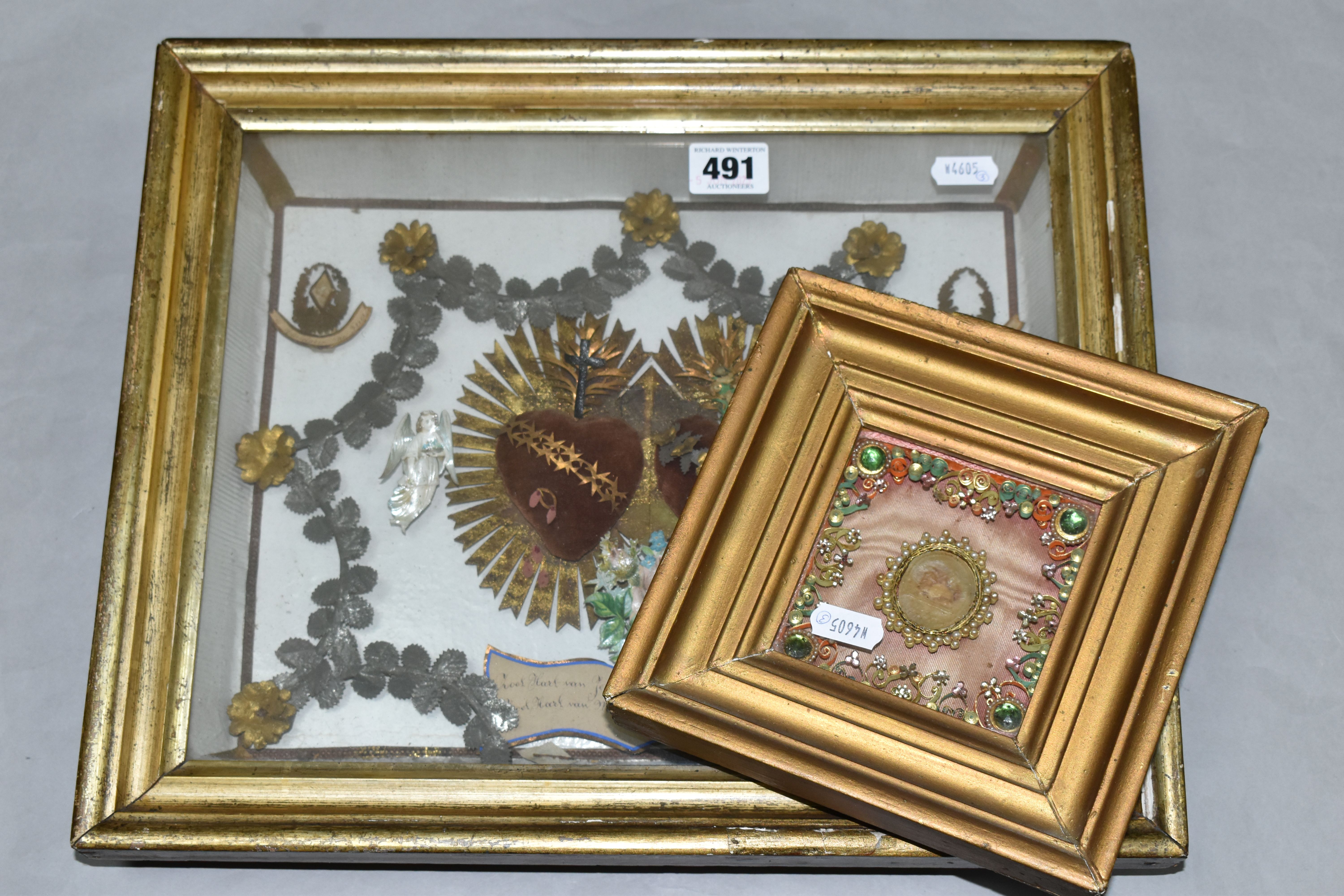 TWO FRAMED VICTORIAN RELIQUARY STYLE PICTURES, comprising a small gilt frame, containing a border of