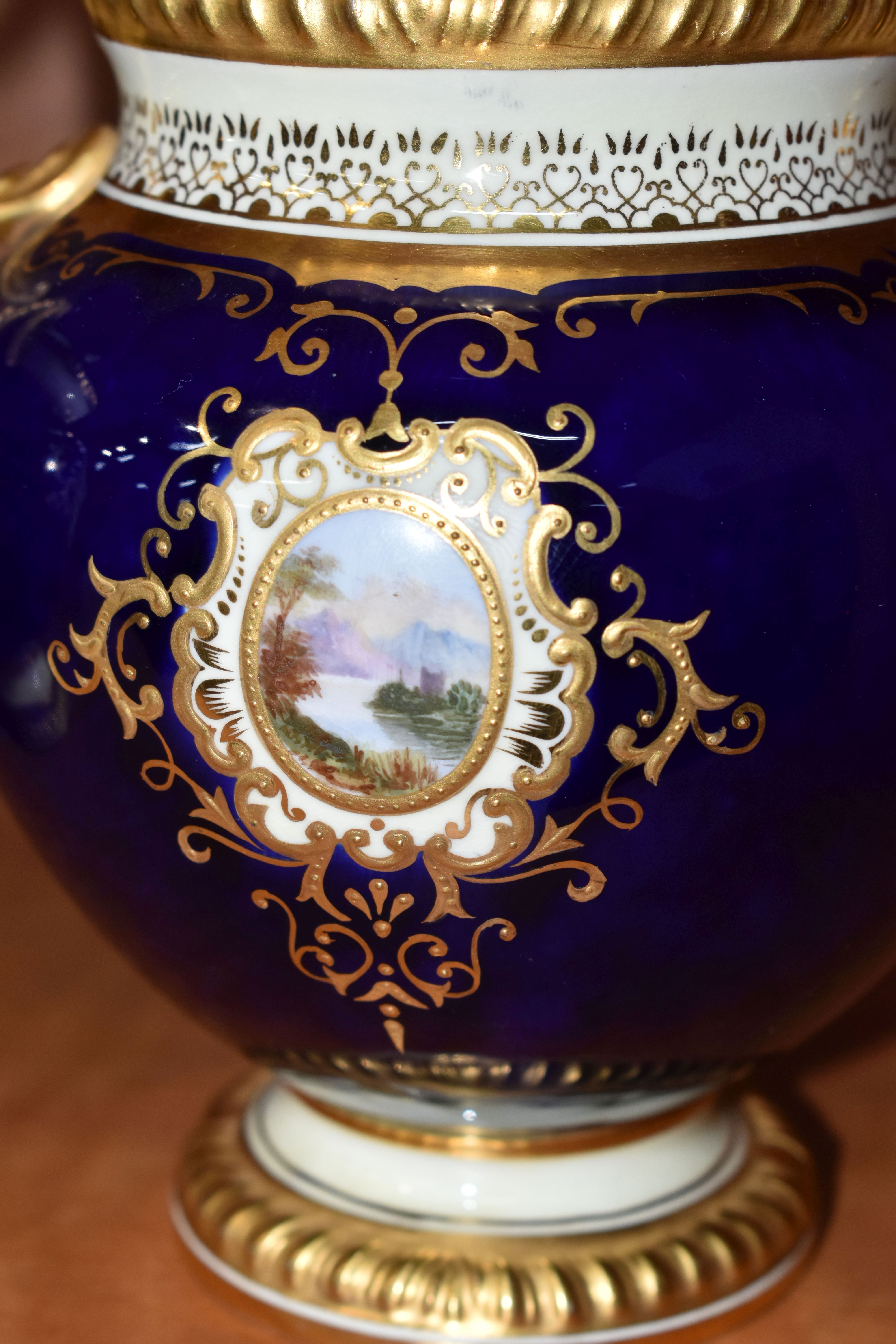 TWO EARLY 20TH CENTURY COALPORT TWIN HANDLED VASES AND COVERS, blue, pale yellow and gilt ground, - Image 6 of 12