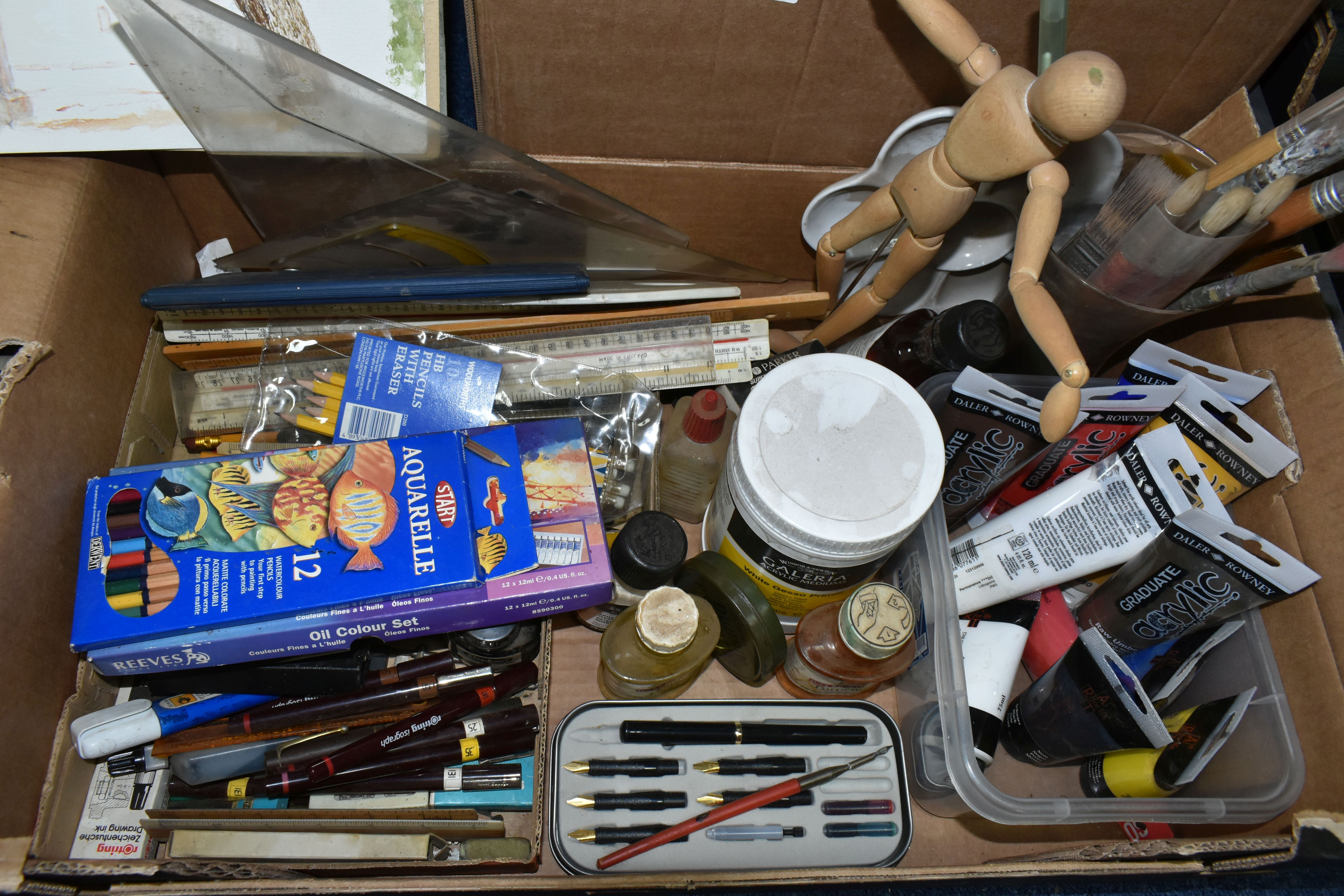 TWO BOXES OF ARTISTS MATERIALS, EASELS AND CANVAS, to include an assortment of brushes Crimson & - Image 3 of 5