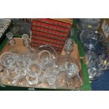 TWO BOXES AND LOOSE CUT AND PRESSED GLASS WARES ETC, to include a pair of matched ships decanters,