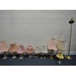 A SELECTION OF TABLE LAMPS, of various styles, and materials, and a brassed reading lamp all with