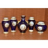 FIVE EARLY 20TH CENTURY SMALL COALPORT VASES, all with blue, pale yellow and gilt grounds,