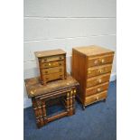 A SMALL PLYWOOD CHEST OF FIVE DRAWERS, a Victorian miniature chest of four drawers and an oak nest