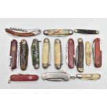 A SMALL BOX OF POCKET KNIVES, to include fifteen pocket knives, some fitted with additional tools (