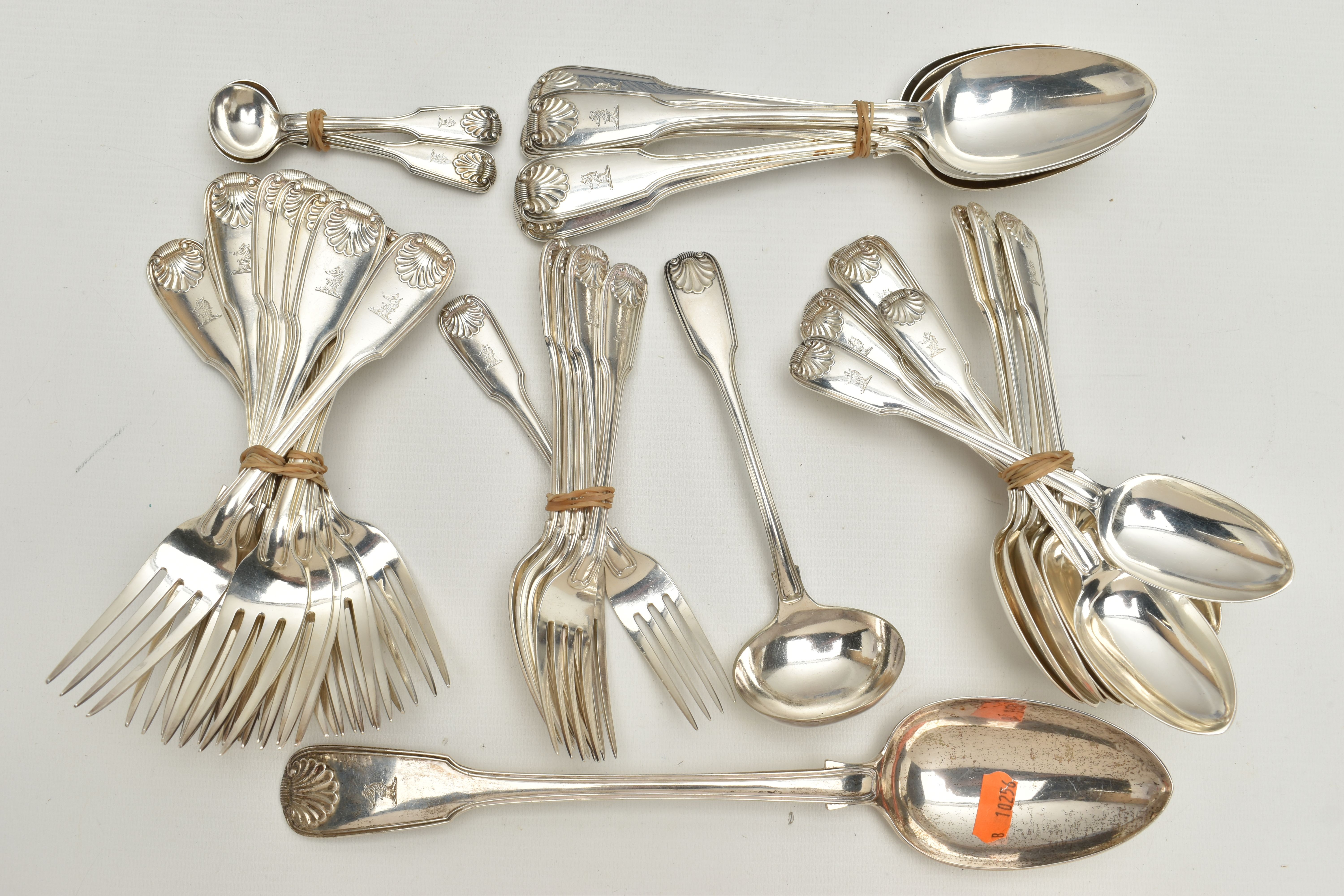 AN ASSORTMENT OF VICTORIA I SILVER CUTLERY, six table spoons, six desert forks, twelve desert