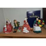 FOUR ROYAL DOULTON FIGURINES, comprising a boxed The Old Balloon Seller HN1315, Autumn Breezes