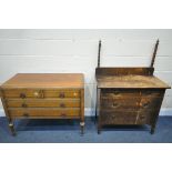 A EARLY 20TH CENTURY OAK CHEST OF TWO SHORT OVER TWO LONG, on turn and bulbous legs on castors,