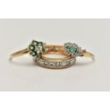 THREE GEM SET RINGS, the first a full eternity band set with emeralds and small single cut diamonds,
