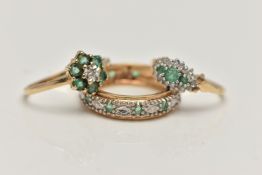 THREE GEM SET RINGS, the first a full eternity band set with emeralds and small single cut diamonds,