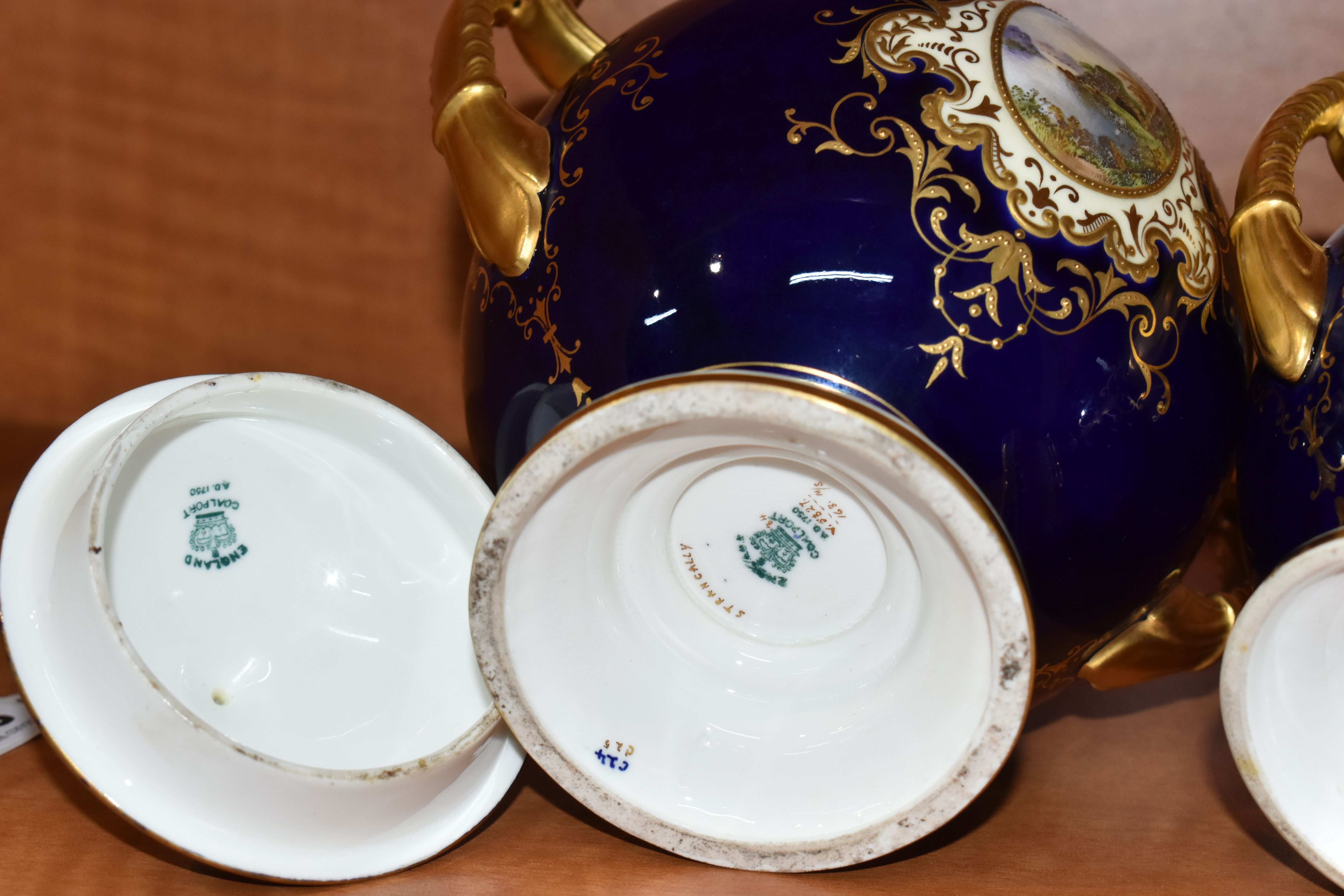 TWO EARLY 20TH CENTURY COALPORT TWIN HANDLED VASES AND COVERS, blue, pale yellow and gilt ground, - Image 11 of 12